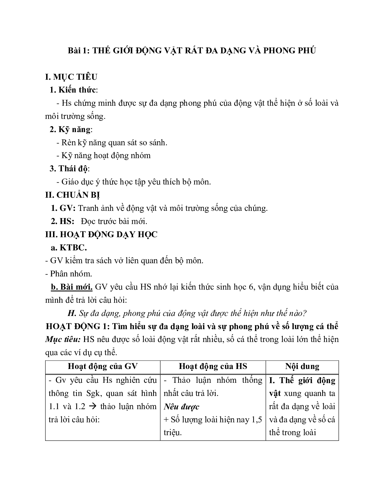 Giáo án Sinh học 7 Bài 1: Thế giới động vật đa dạng, phong phú mới nhất - CV5512 (trang 1)