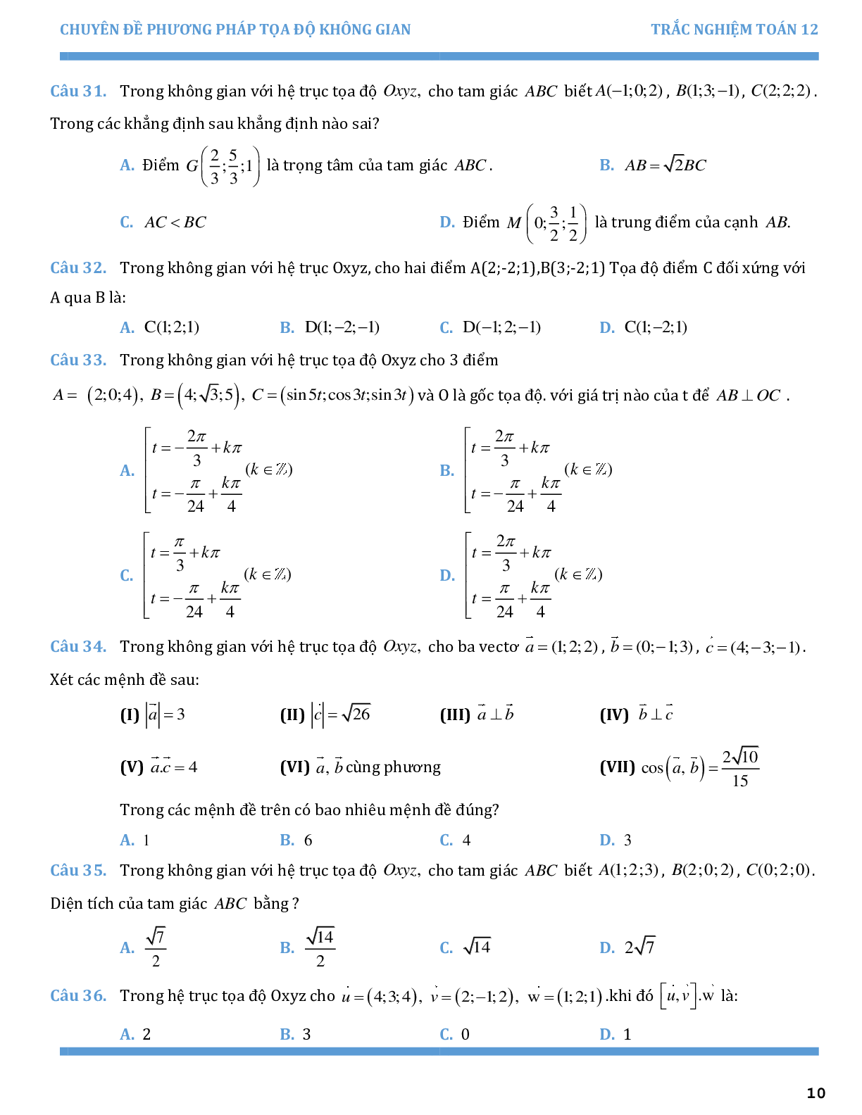 Chuyên đề trắc nghiệm phương pháp tọa độ trong không gian (trang 10)