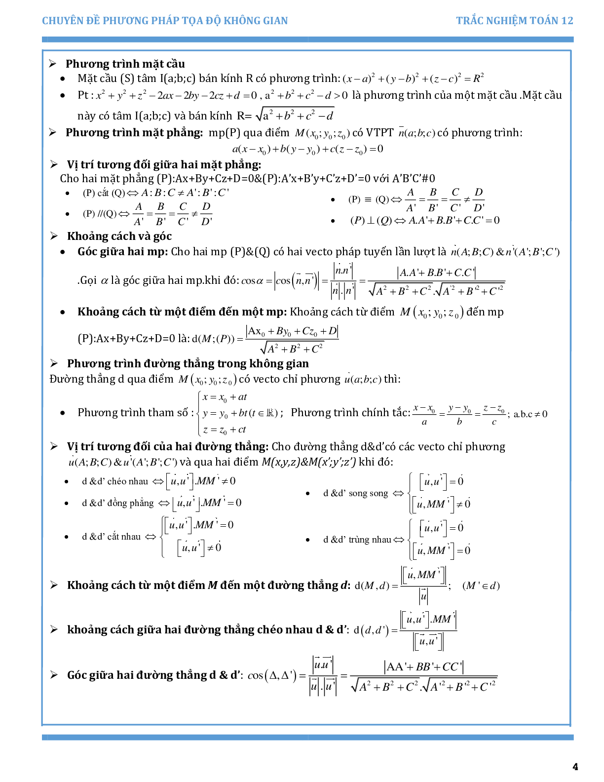 Chuyên đề trắc nghiệm phương pháp tọa độ trong không gian (trang 4)
