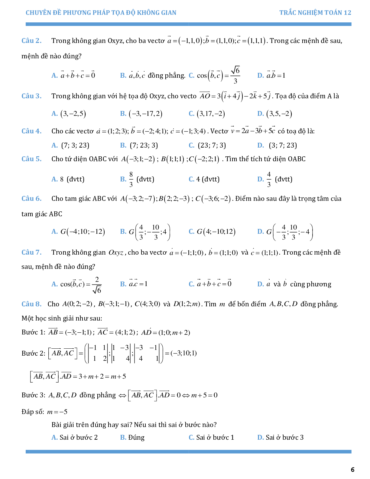 Chuyên đề trắc nghiệm phương pháp tọa độ trong không gian (trang 6)