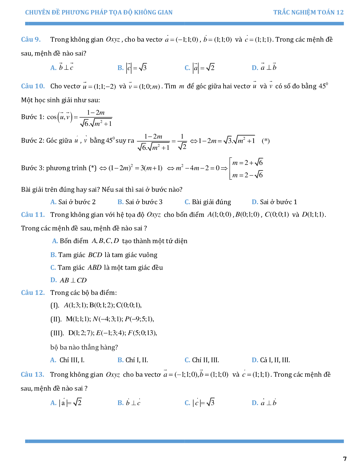 Chuyên đề trắc nghiệm phương pháp tọa độ trong không gian (trang 7)