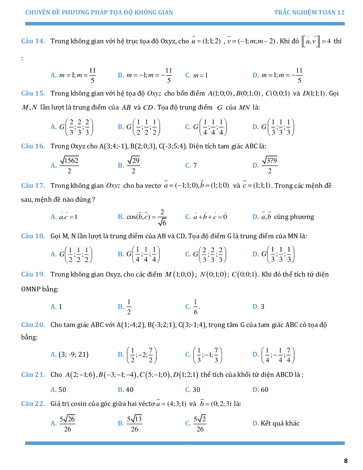 Chuyên đề trắc nghiệm phương pháp tọa độ trong không gian (trang 8)
