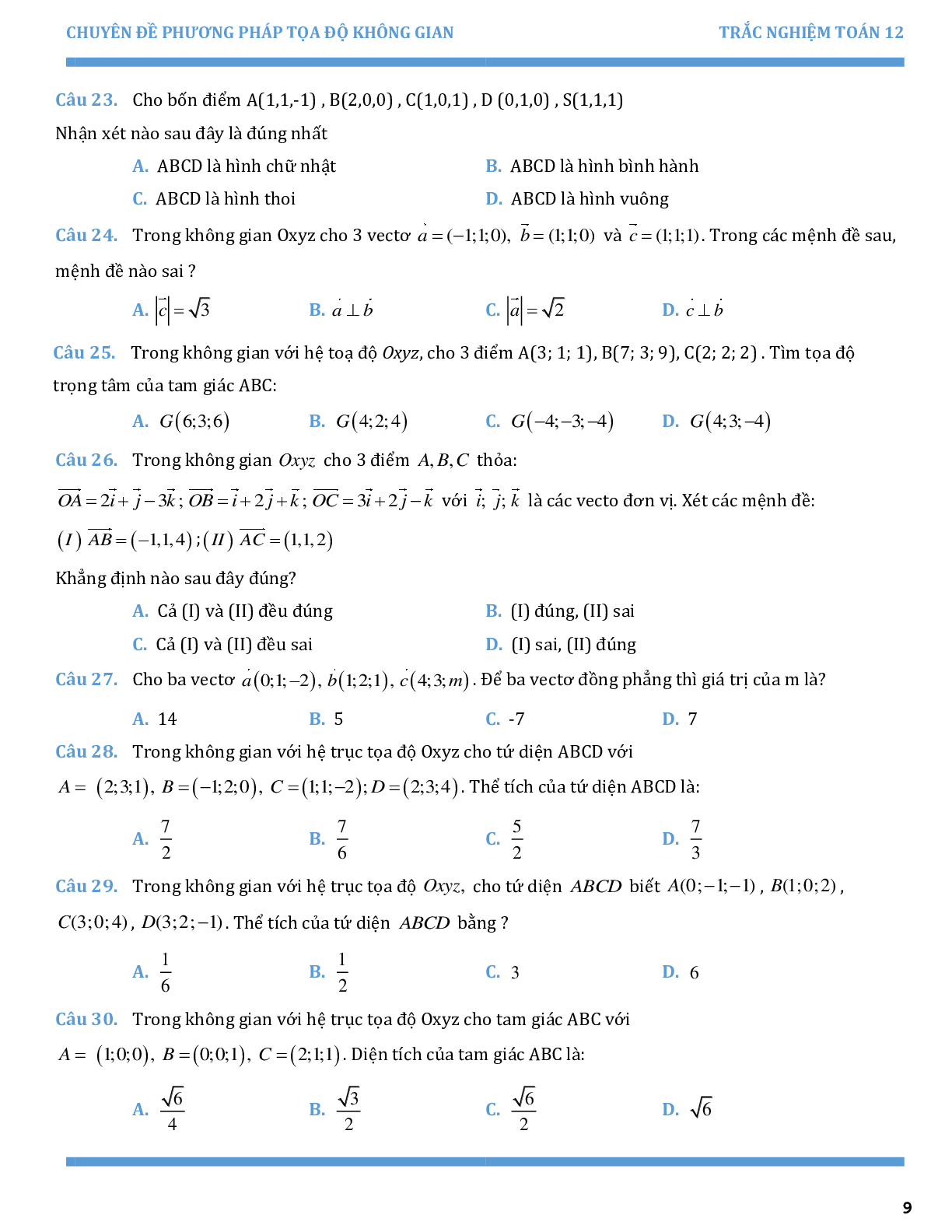 Chuyên đề trắc nghiệm phương pháp tọa độ trong không gian (trang 9)