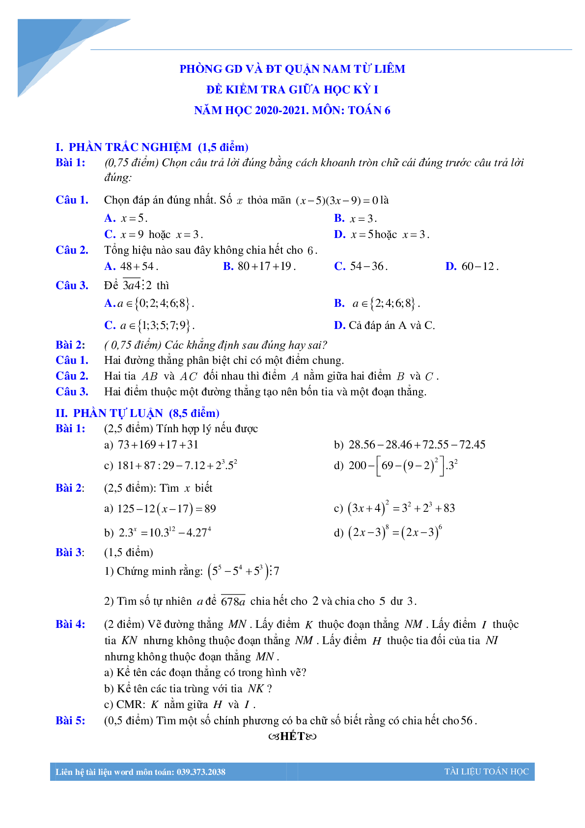 Bộ đề giữa học kì 1 môn toán lớp 6 Hà Nội năm 2021 (trang 4)