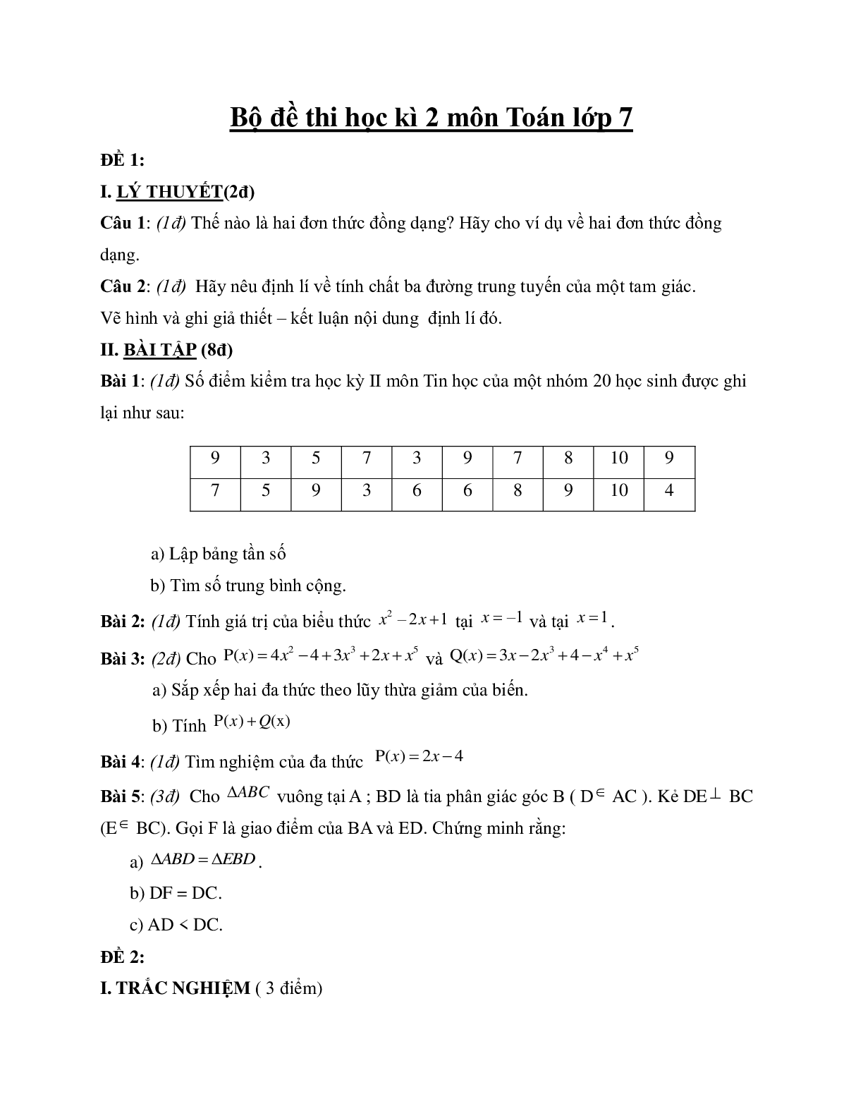 Bộ đề thi học kì 2 môn Toán lớp 7 (trang 1)