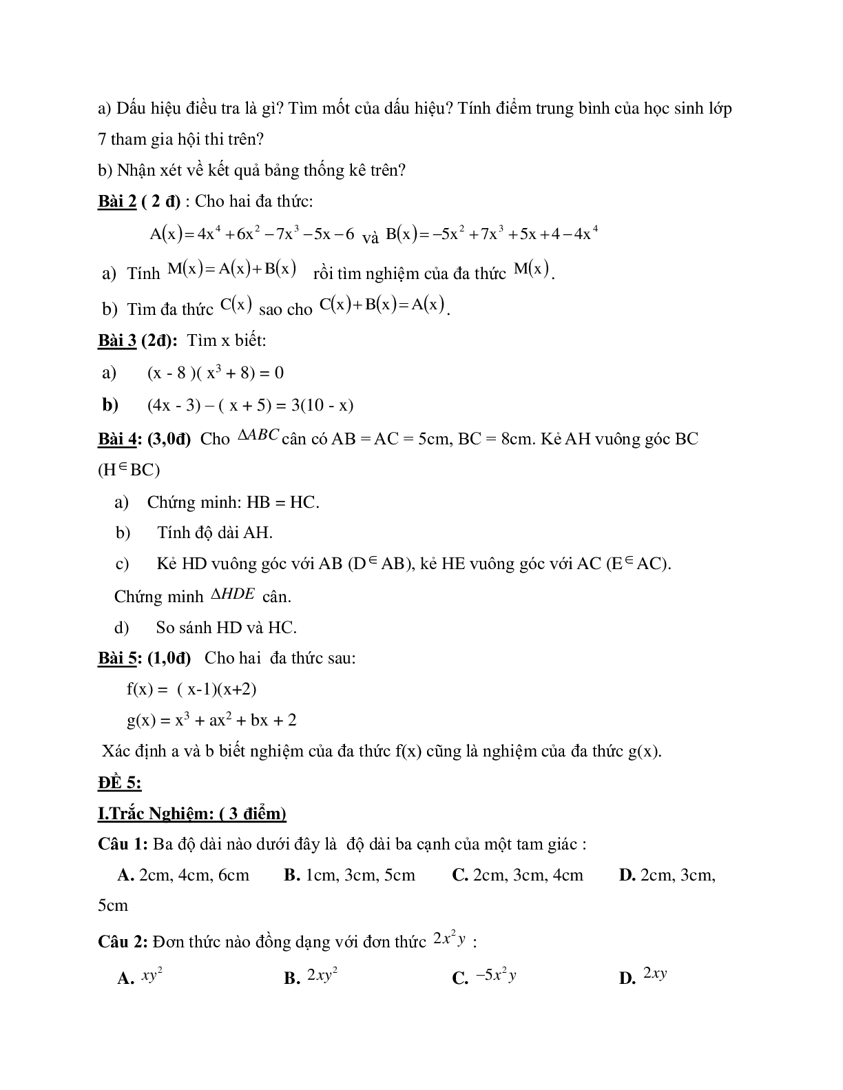 Bộ đề thi học kì 2 môn Toán lớp 7 (trang 6)