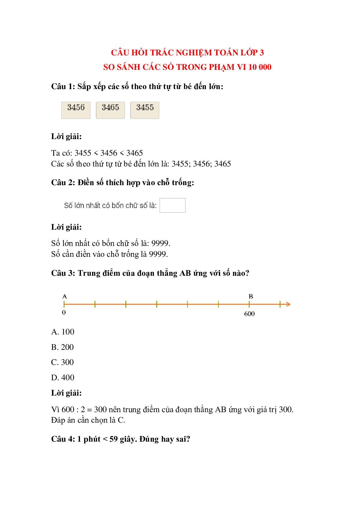 Trắc nghiệm So sánh các số trong phạm vi 10 000 có đáp án – Toán lớp 3 (trang 1)
