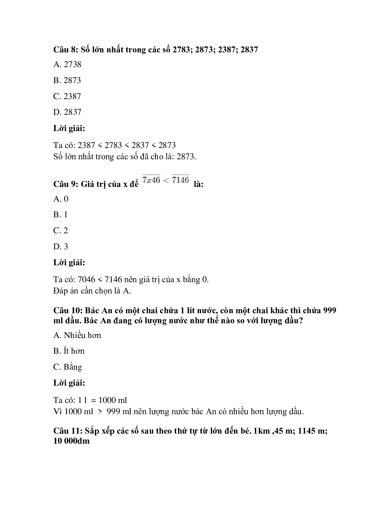Trắc nghiệm So sánh các số trong phạm vi 10 000 có đáp án – Toán lớp 3 (trang 3)
