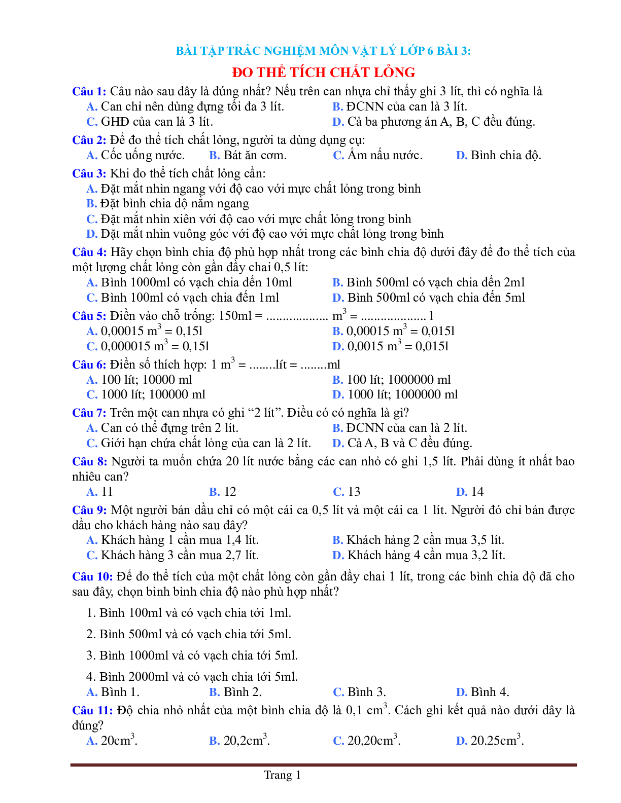 BÀI TẬP TRẮC NGHIỆM MÔN VẬT LÝ LỚP 6 BÀI 3: ĐO THỂ TÍCH CHẤT LỎNG (trang 1)