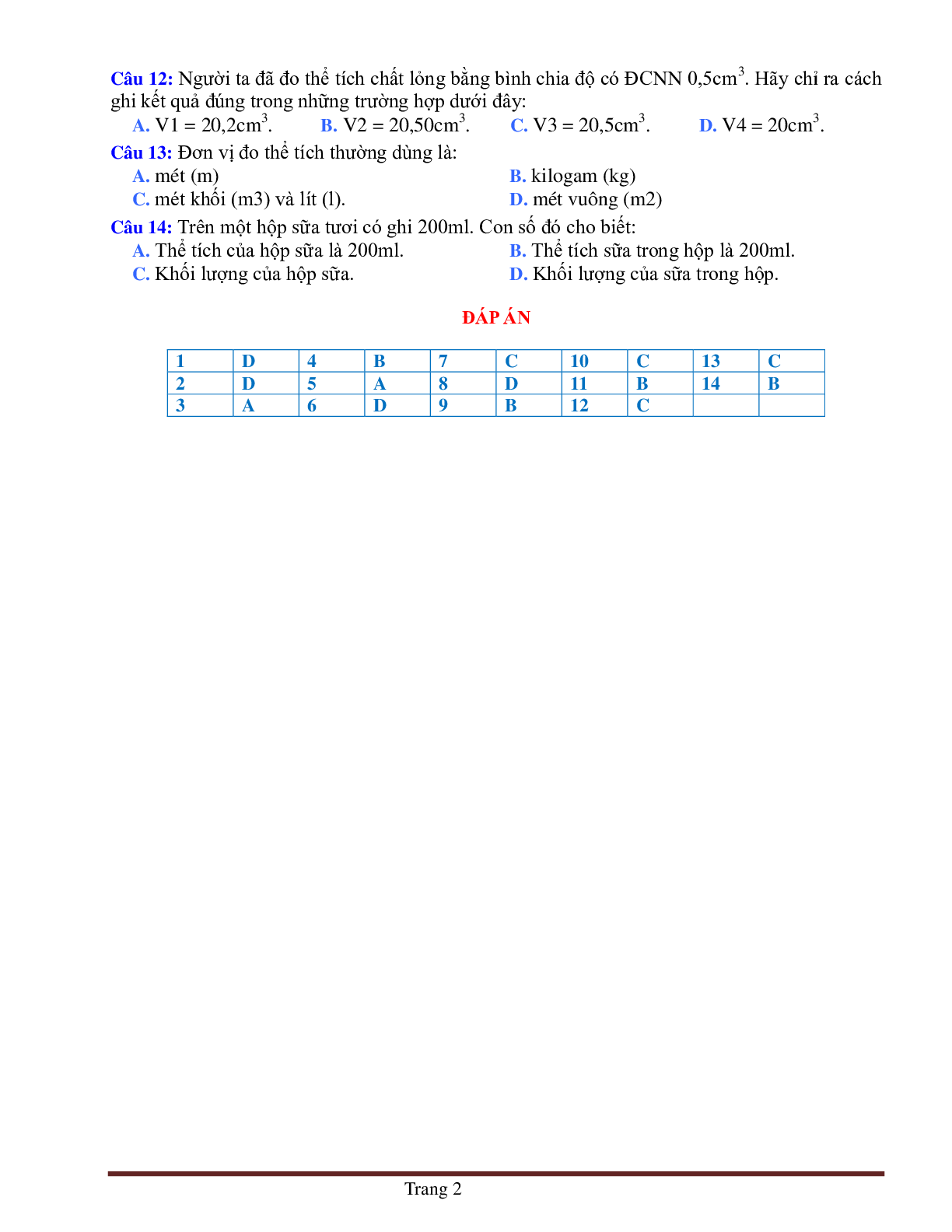 BÀI TẬP TRẮC NGHIỆM MÔN VẬT LÝ LỚP 6 BÀI 3: ĐO THỂ TÍCH CHẤT LỎNG (trang 2)