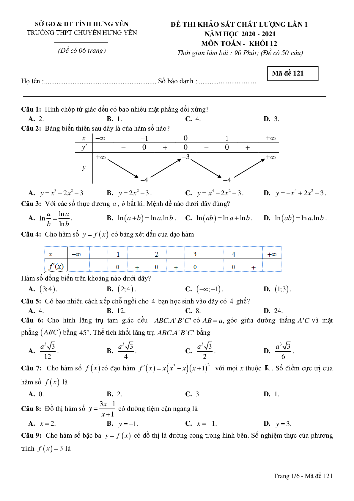 Đề khảo sát chất lượng Toán 12 lần 1 năm 2020 – 2021 trường THPT chuyên Hưng Yên có đáp án (trang 1)