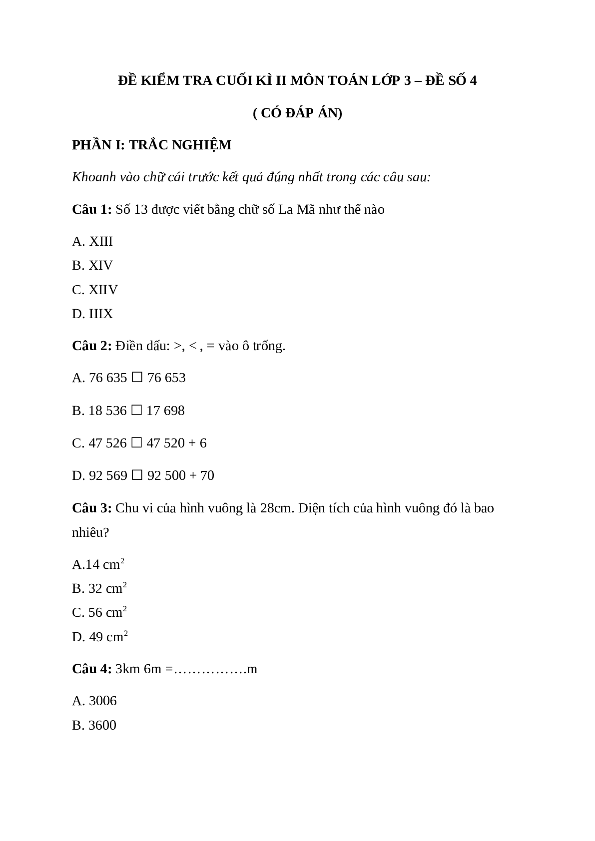 Đề thi cuối kì 2 môn Toán lớp 3 có đáp án - đề 4 (trang 1)