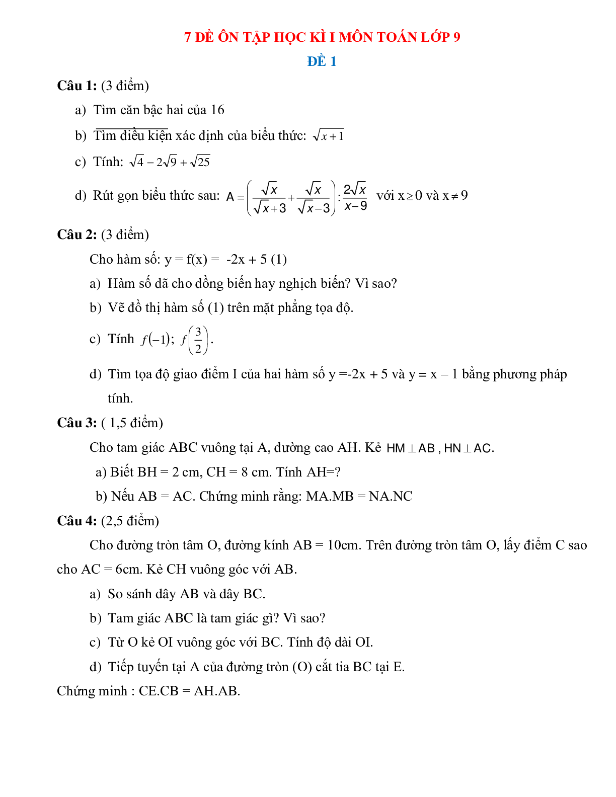 Bộ 7 đề ôn tập học kì 1 môn toán lớp 9 (trang 1)