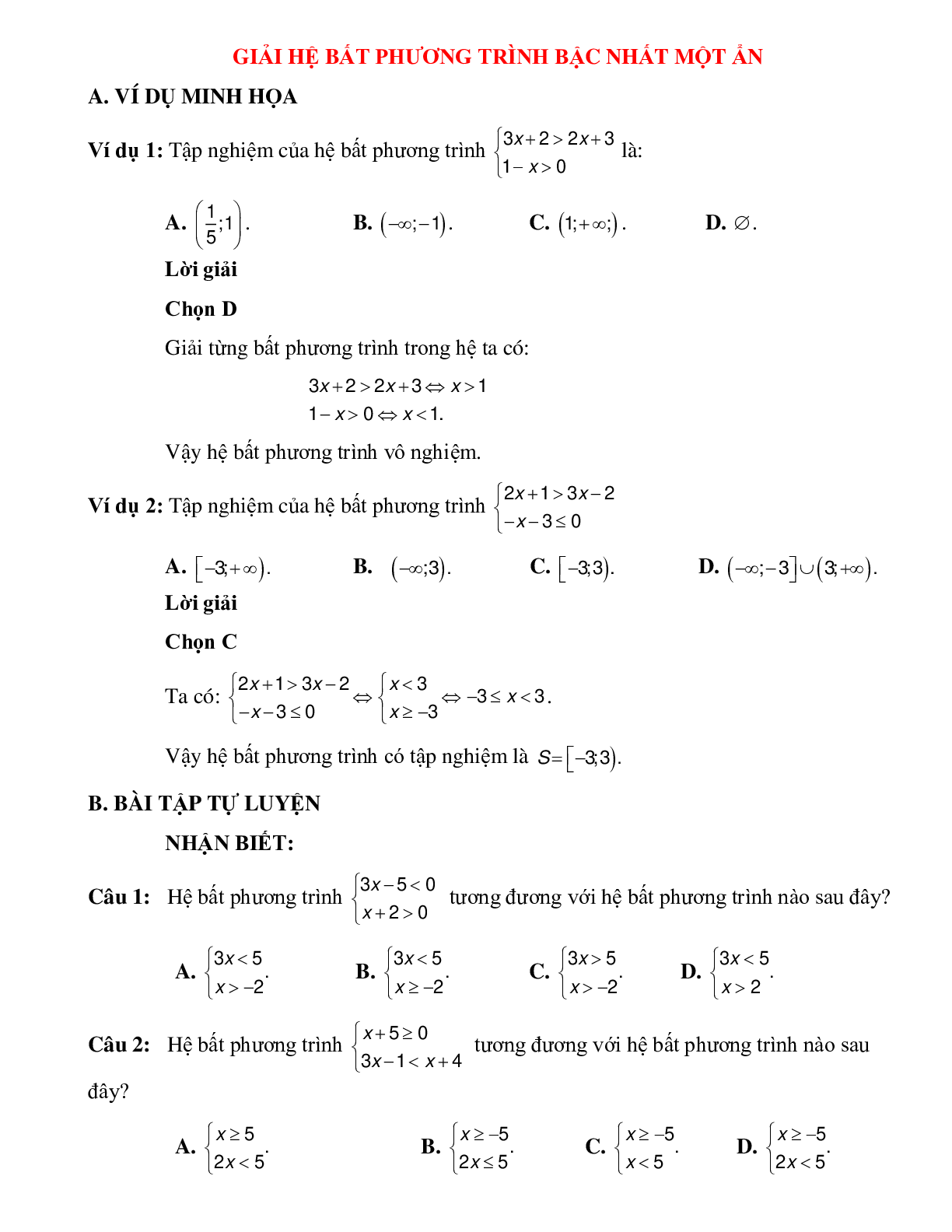 Bài tập giải hệ bất phương trình bậc nhất một ẩn Toán 10 (trang 1)