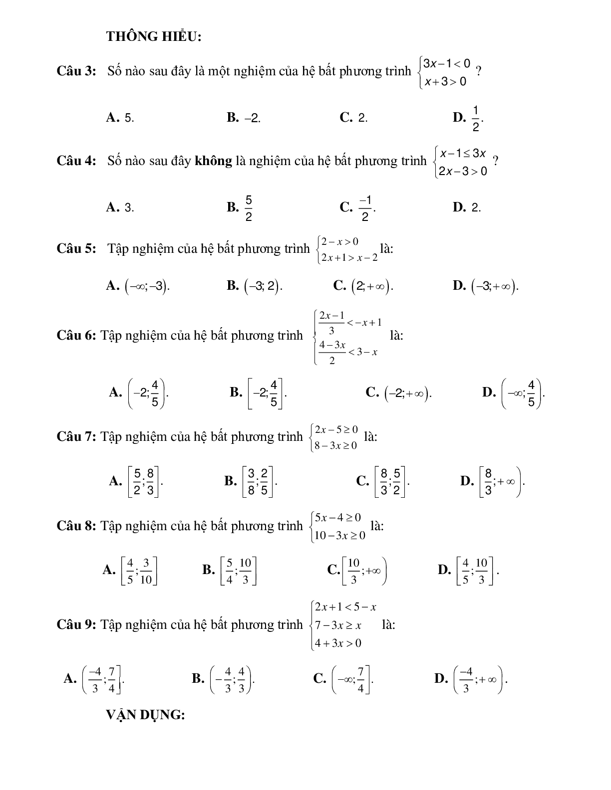 Bài tập giải hệ bất phương trình bậc nhất một ẩn Toán 10 (trang 2)