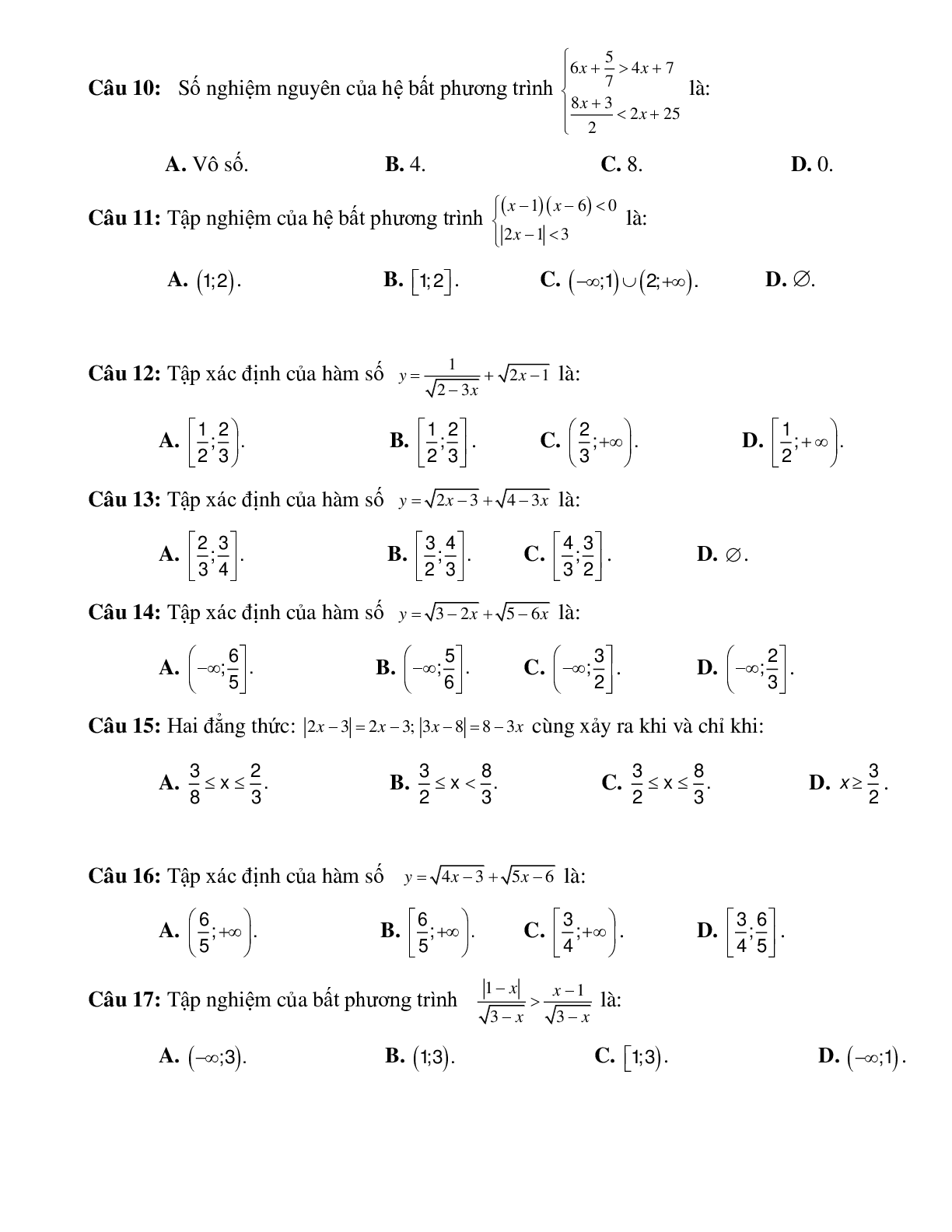 Bài tập giải hệ bất phương trình bậc nhất một ẩn Toán 10 (trang 3)