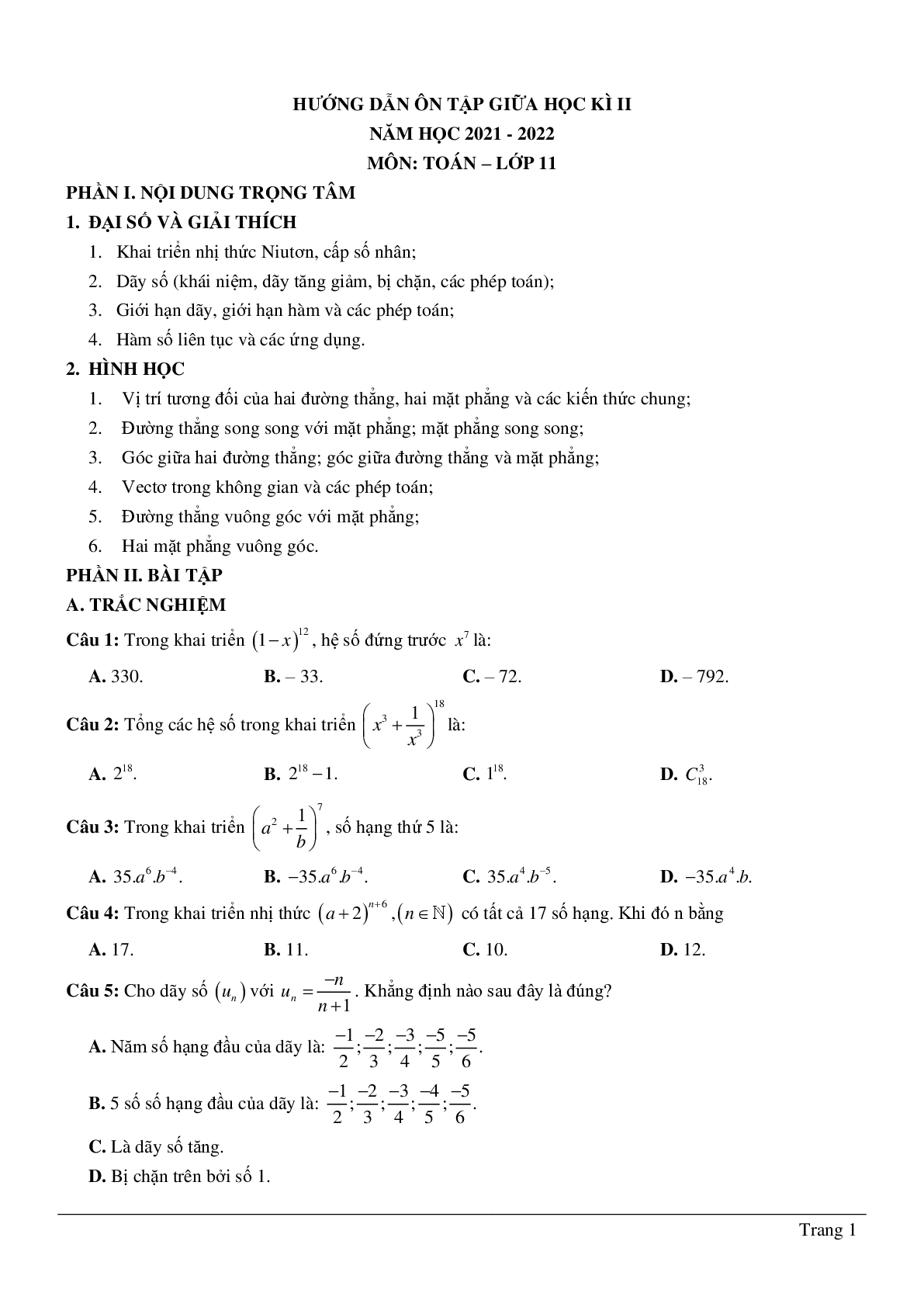 Đề cương ôn tập giữa kì II toán 11 (trang 1)