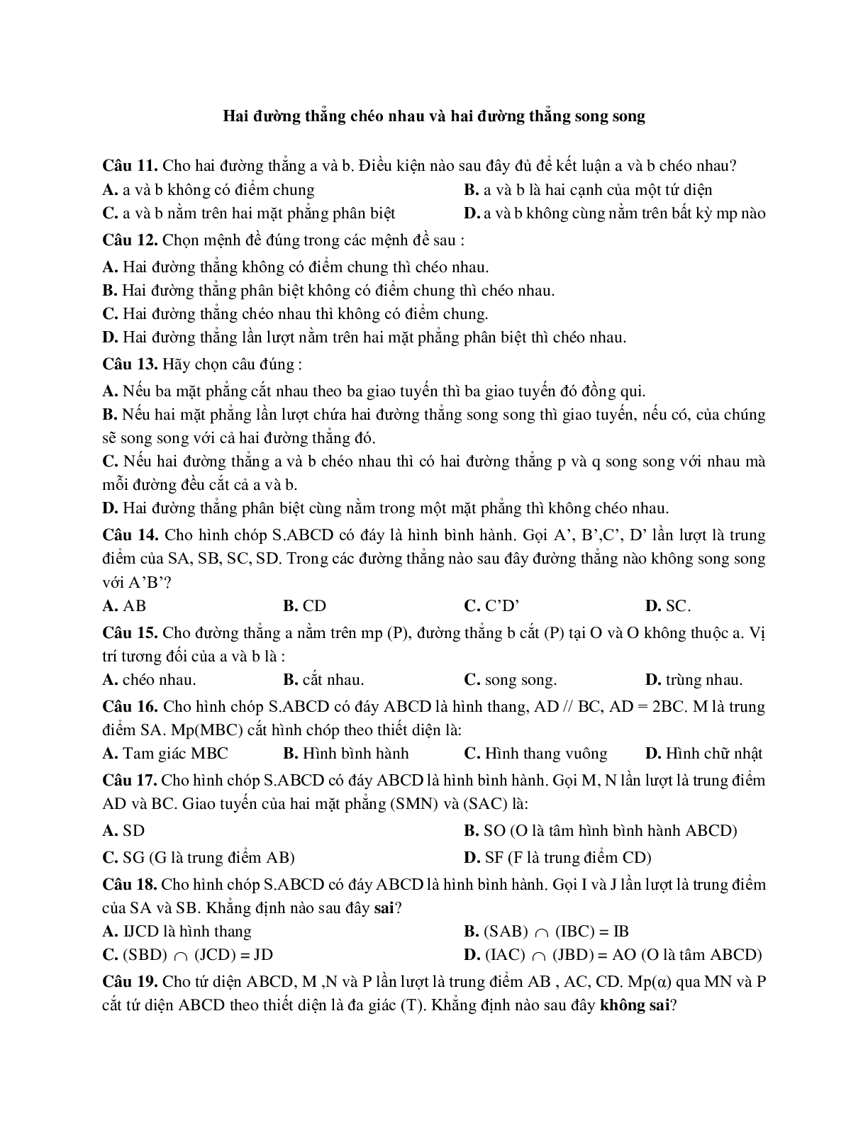 10 câu Trắc nghiệm Hai đường thẳng chéo nhau và hai đường thẳng song song 2023 (trang 1)