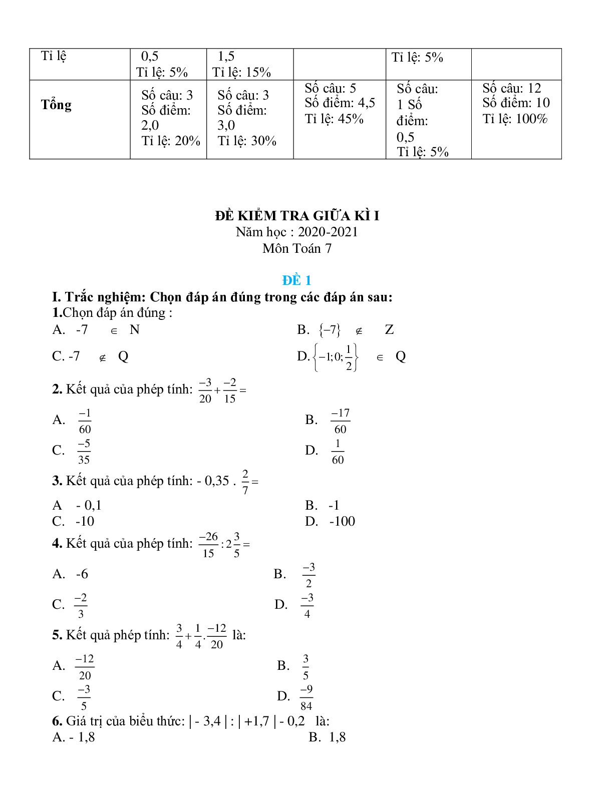 Ma trận đề kiểm tra giữa kì 1 Toán 7 (trang 2)