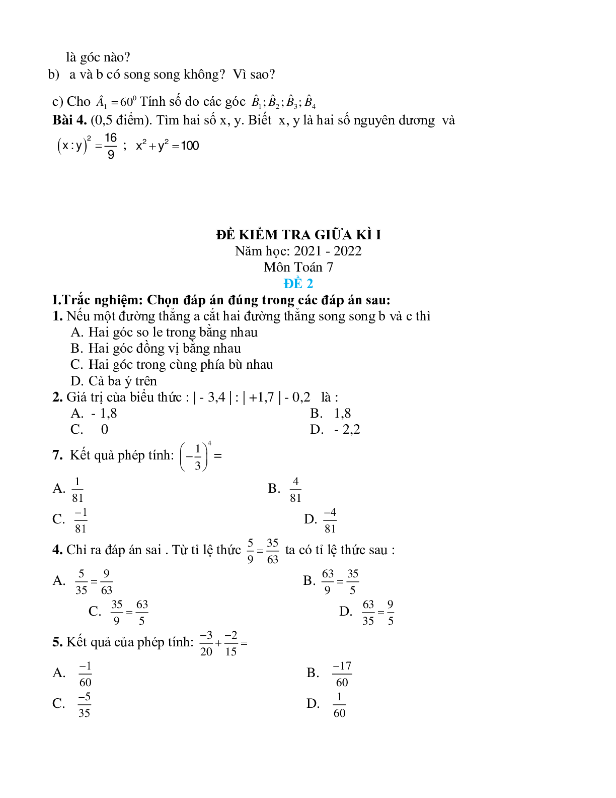 Ma trận đề kiểm tra giữa kì 1 Toán 7 (trang 4)