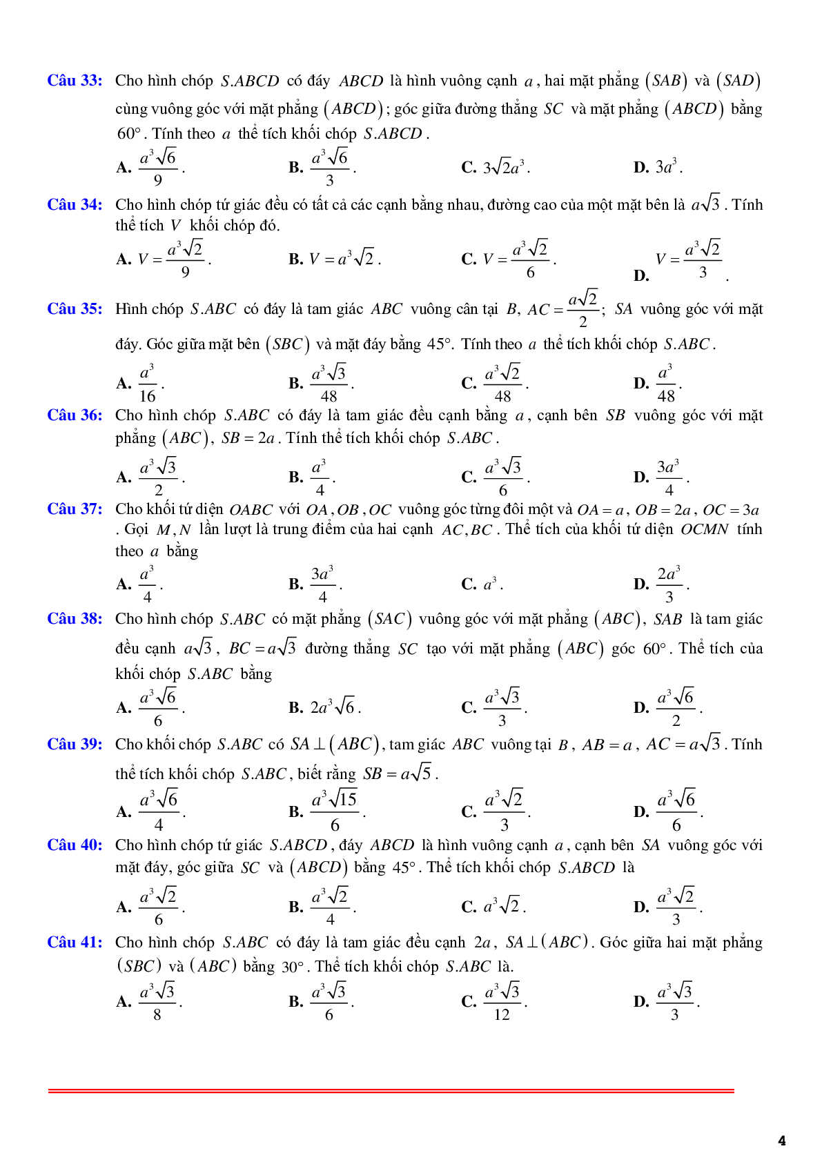 97 câu trắc nghiệm về thể thích khối chóp có một cạnh bên vuông góc với đáy phần 1 - có đáp án chi tiết (trang 4)
