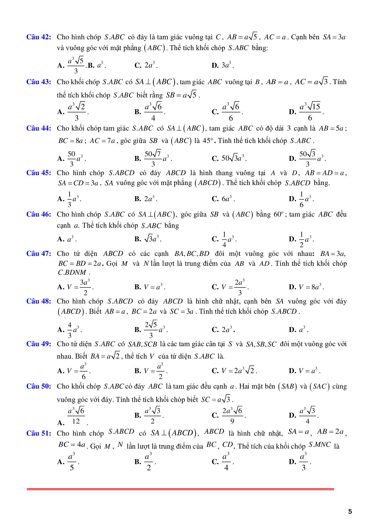 97 câu trắc nghiệm về thể thích khối chóp có một cạnh bên vuông góc với đáy phần 1 - có đáp án chi tiết (trang 5)