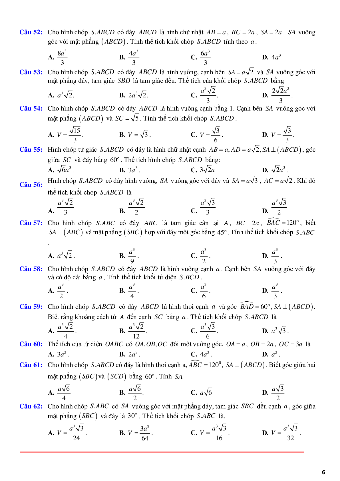 97 câu trắc nghiệm về thể thích khối chóp có một cạnh bên vuông góc với đáy phần 1 - có đáp án chi tiết (trang 6)