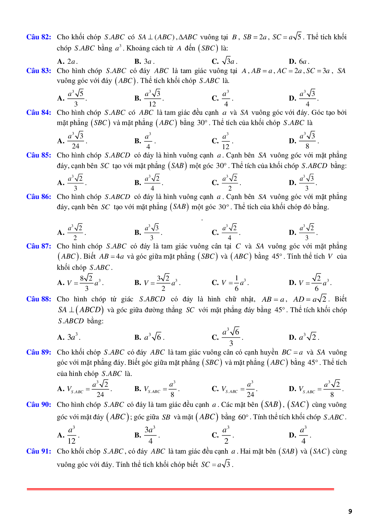 97 câu trắc nghiệm về thể thích khối chóp có một cạnh bên vuông góc với đáy phần 1 - có đáp án chi tiết (trang 9)