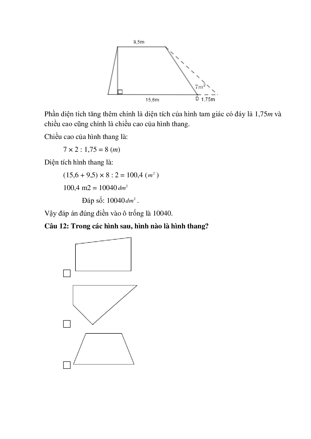 12 câu Trắc nghiệm Hình thang. Diện tích hình thang có đáp án 2023 -Toán lớp 5 (trang 7)