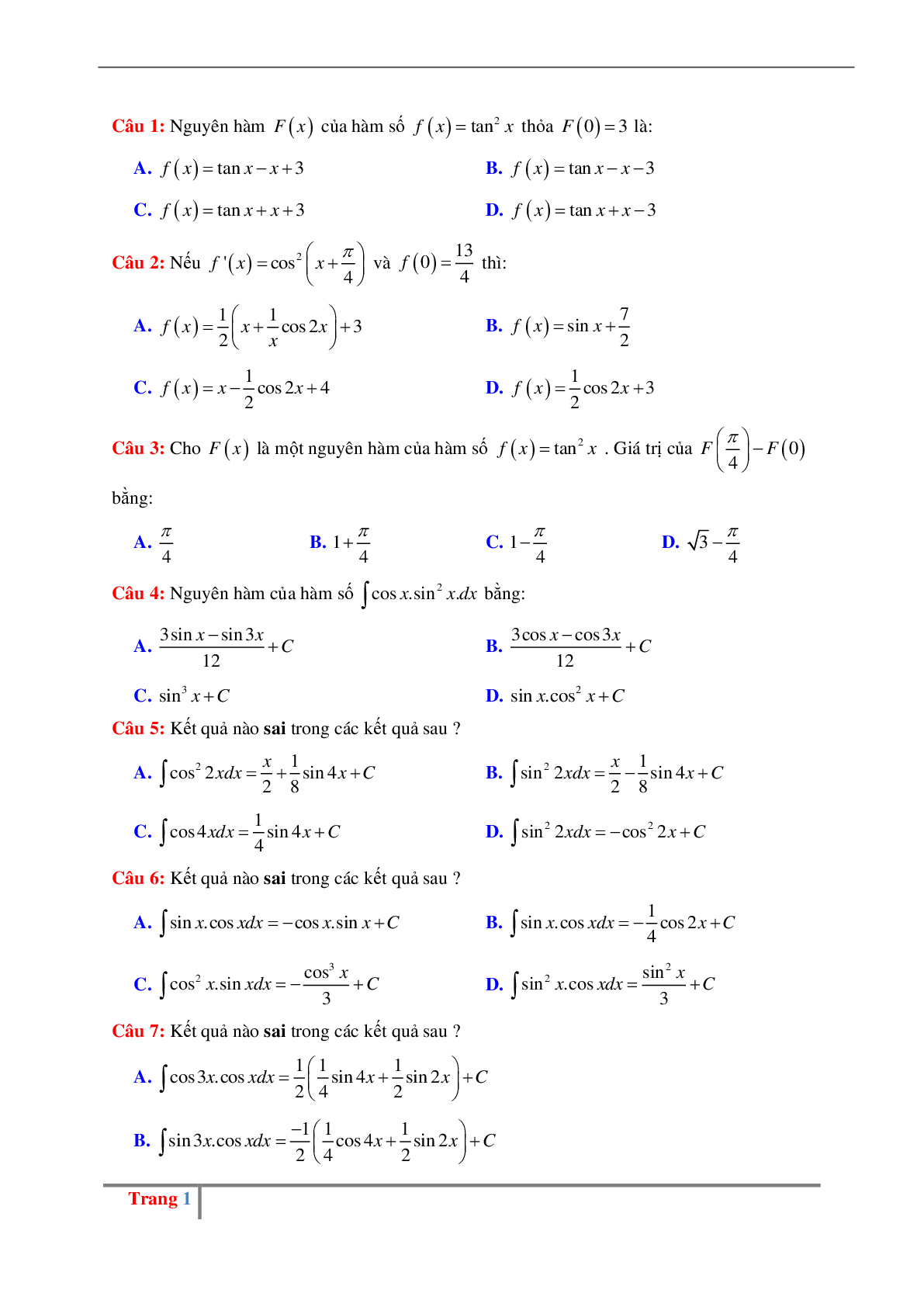 Các dạng bài tập về nguyên hàm lượng giác có đáp án (trang 1)