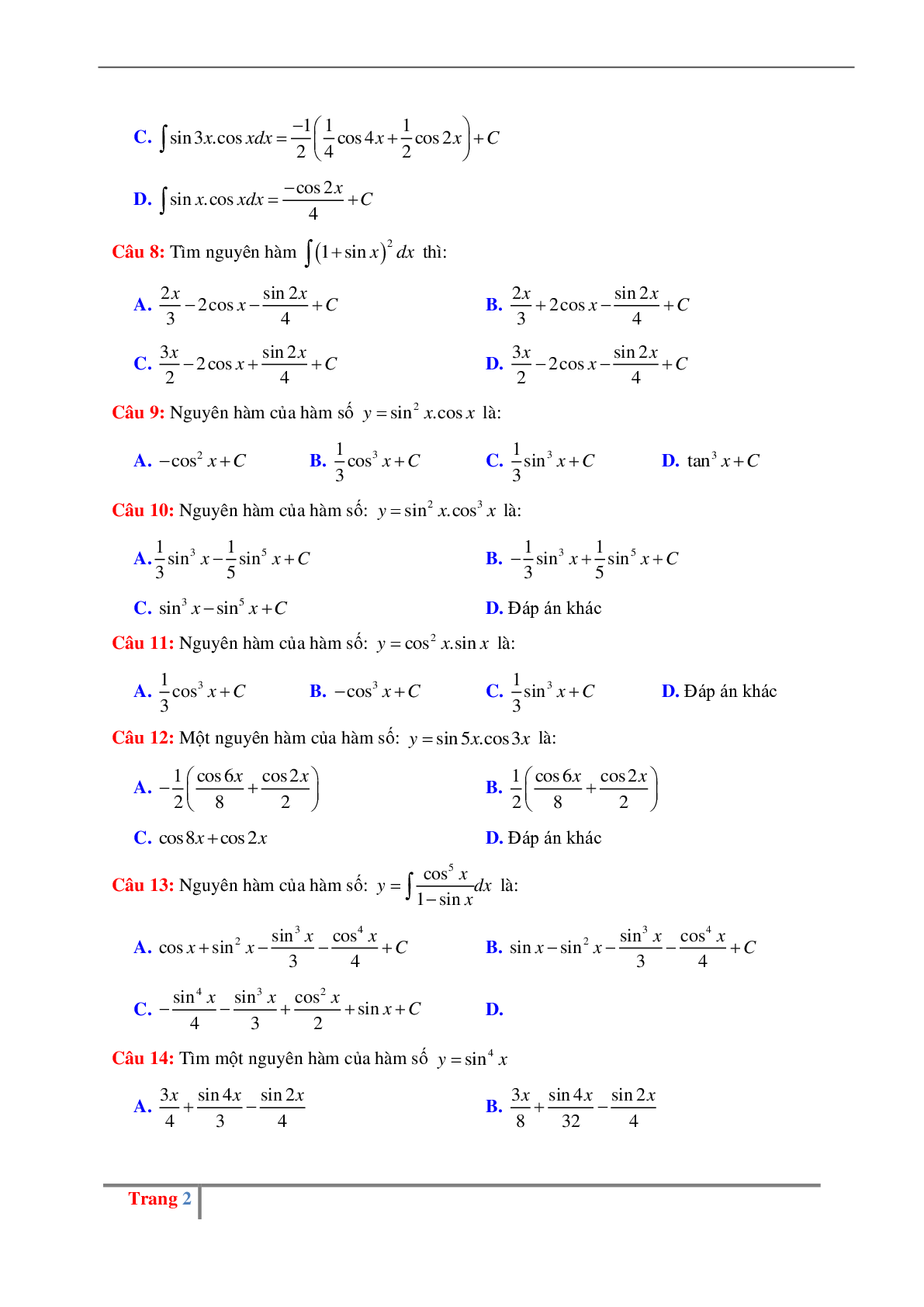 Các dạng bài tập về nguyên hàm lượng giác có đáp án (trang 2)