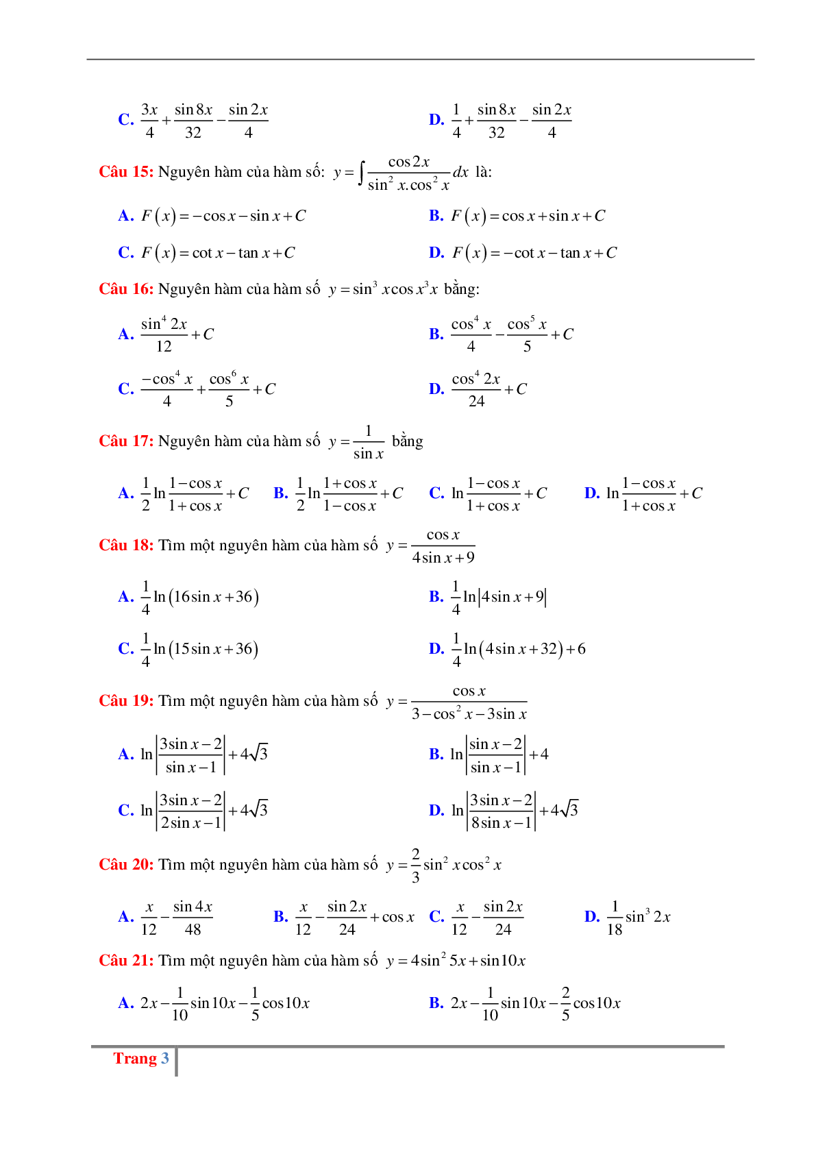 Các dạng bài tập về nguyên hàm lượng giác có đáp án (trang 3)