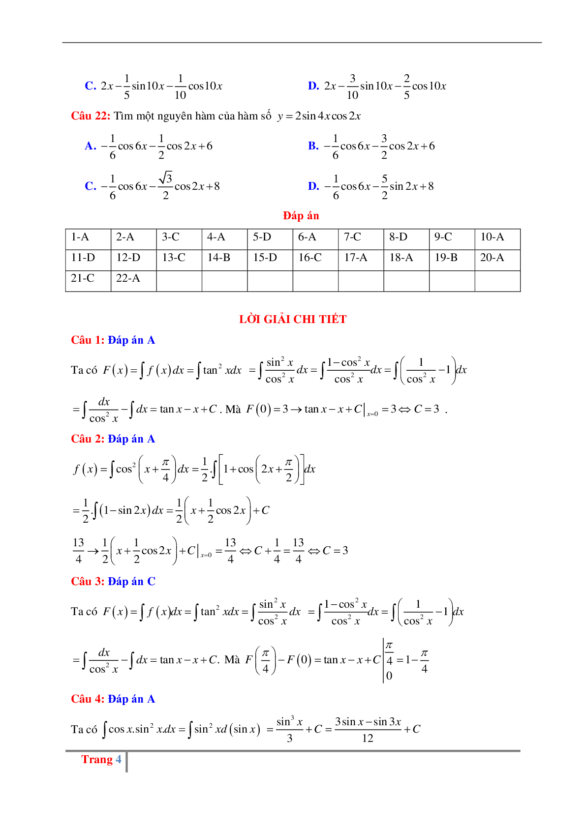 Các dạng bài tập về nguyên hàm lượng giác có đáp án (trang 4)