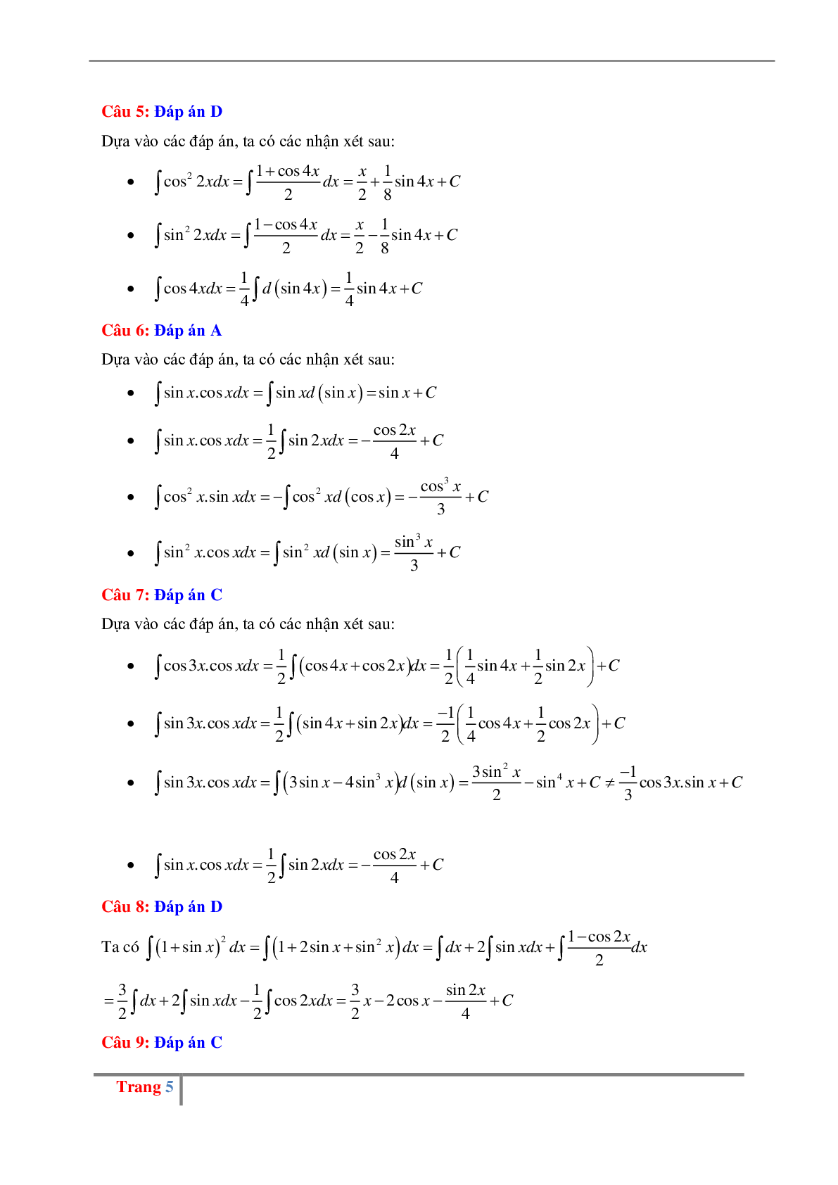 Các dạng bài tập về nguyên hàm lượng giác có đáp án (trang 5)