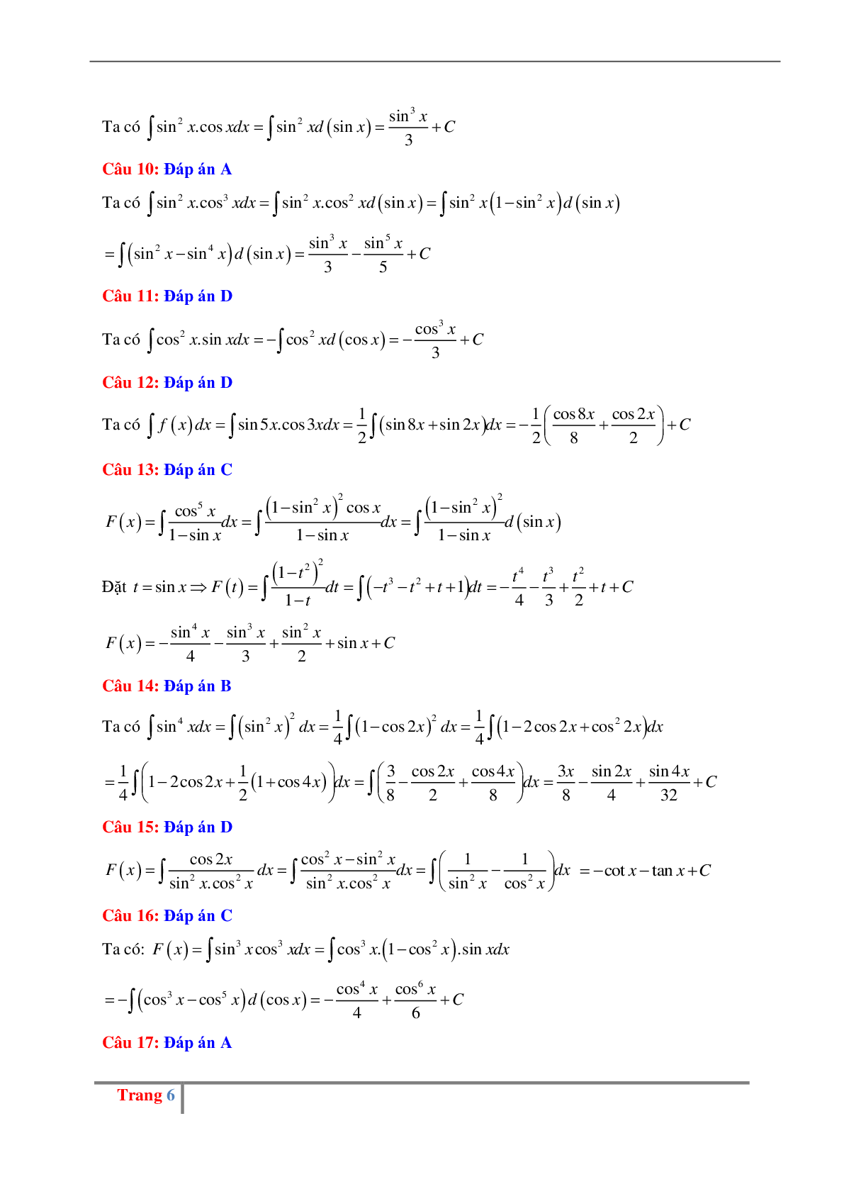 Các dạng bài tập về nguyên hàm lượng giác có đáp án (trang 6)