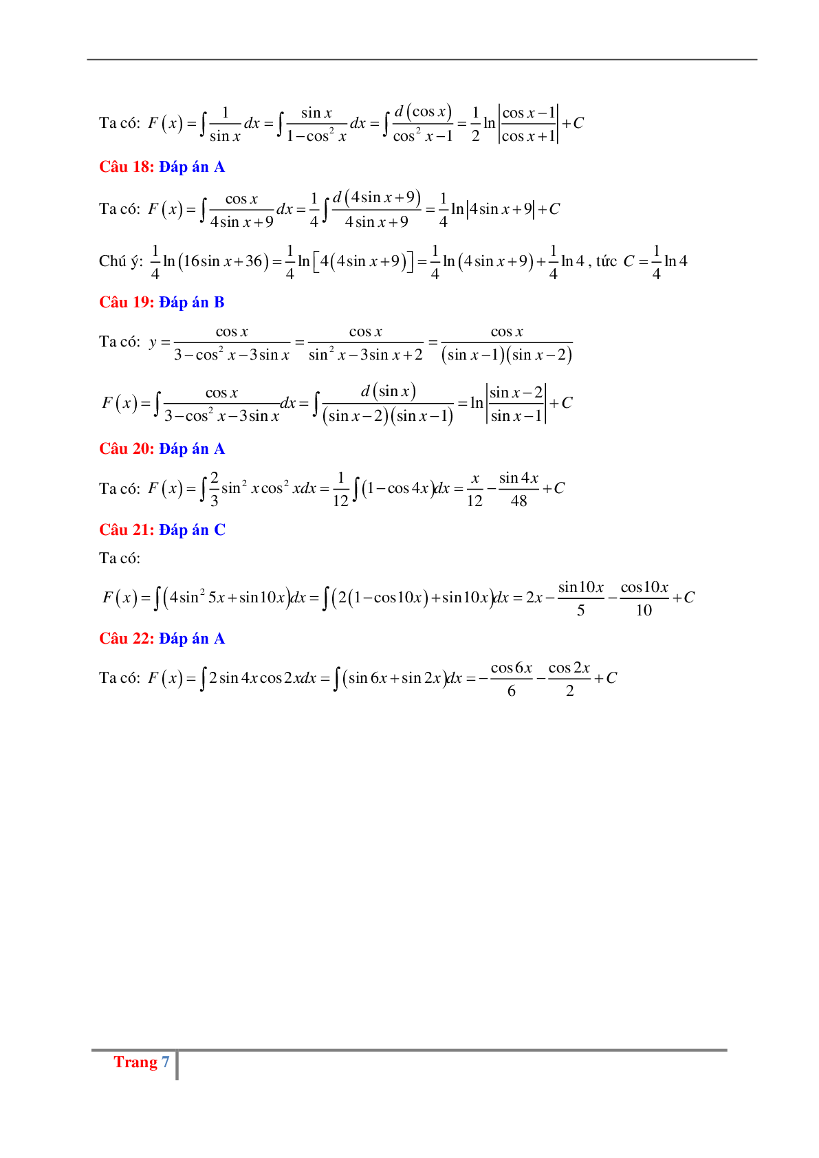 Các dạng bài tập về nguyên hàm lượng giác có đáp án (trang 7)
