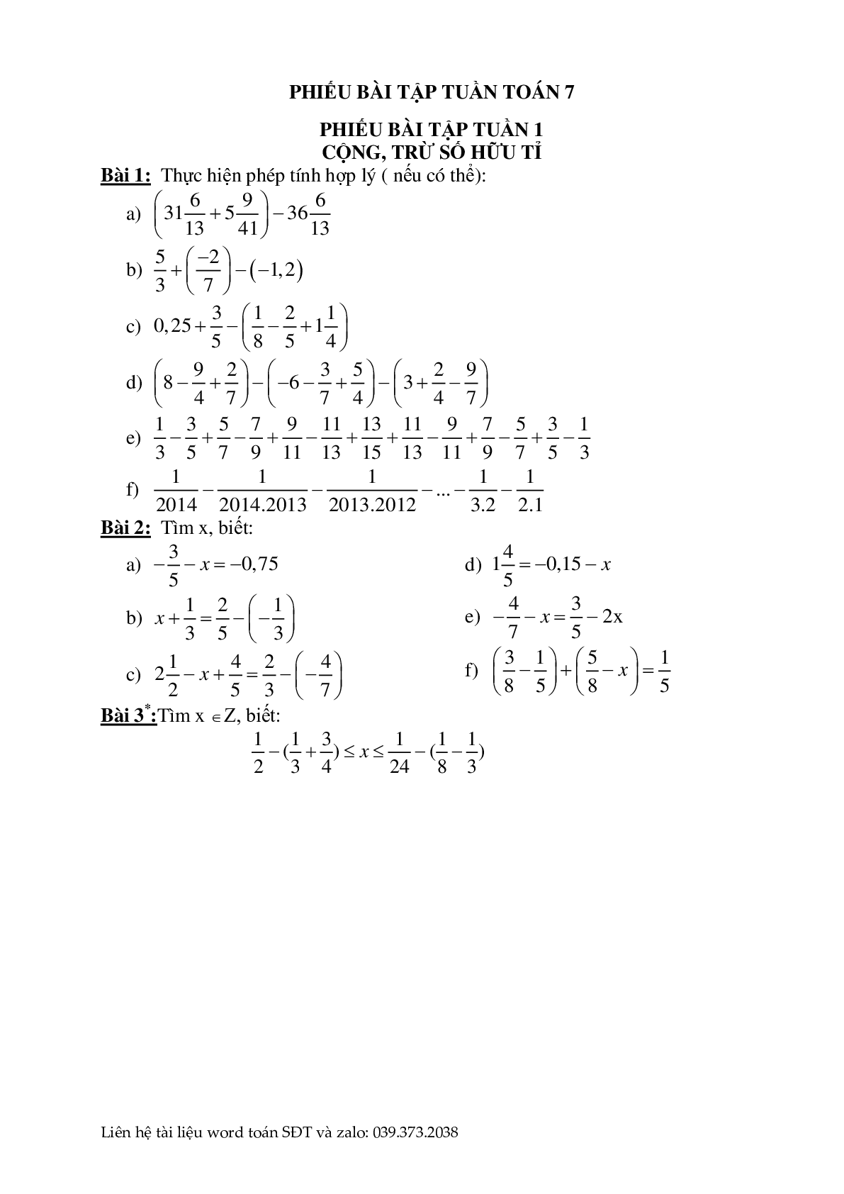 Phiếu bài tập cuối tuần môn toán lớp 7 (trang 1)