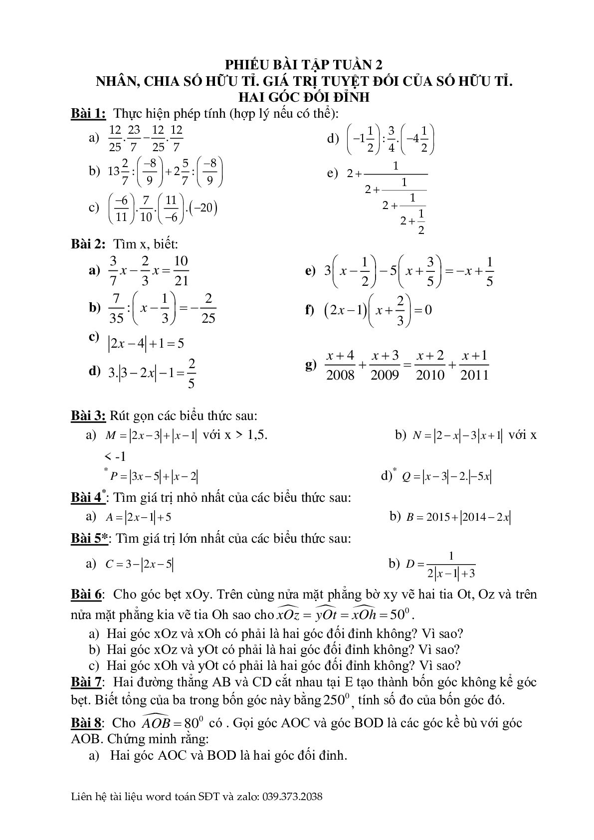 Phiếu bài tập cuối tuần môn toán lớp 7 (trang 2)