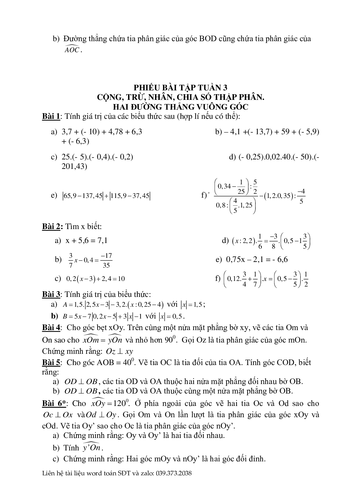 Phiếu bài tập cuối tuần môn toán lớp 7 (trang 3)