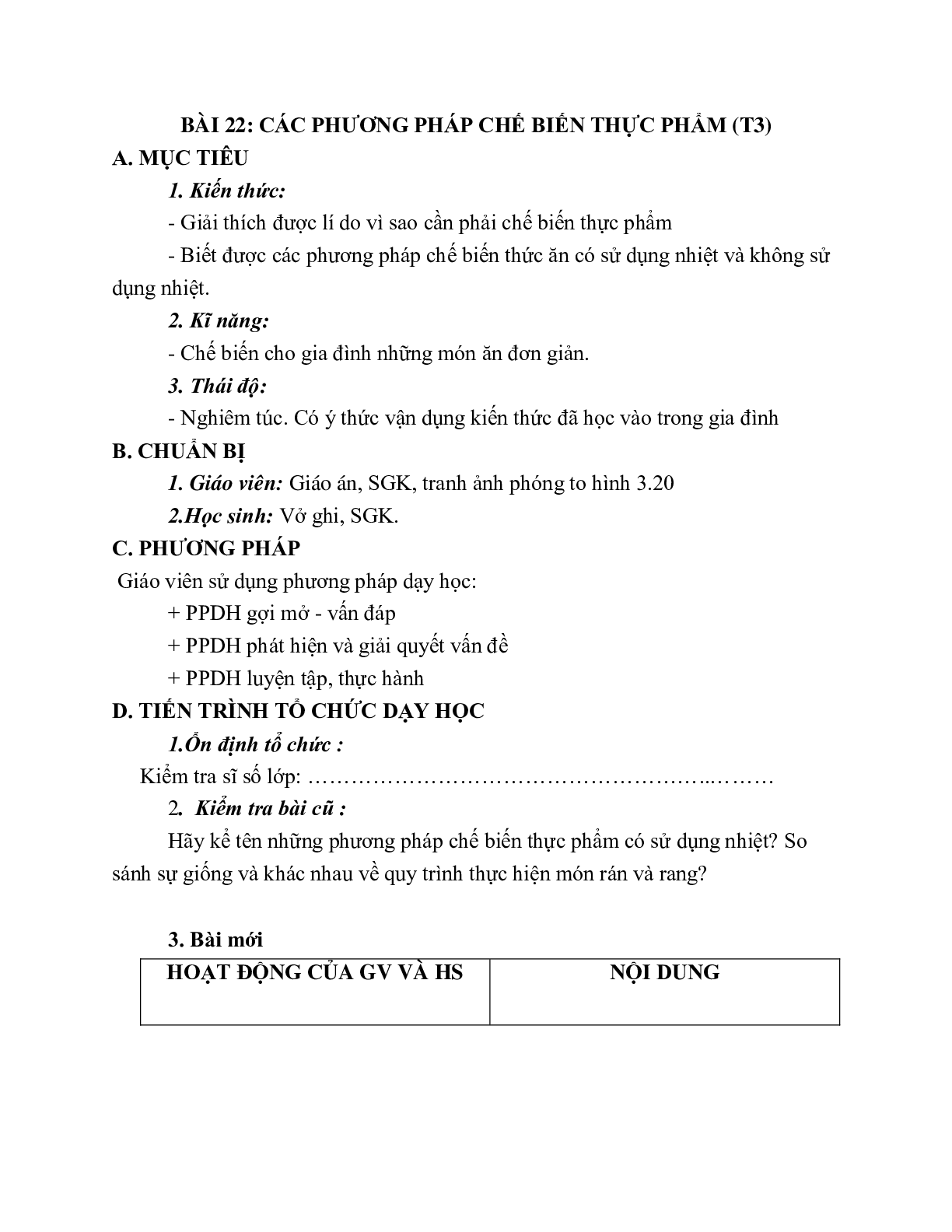 GIÁO ÁN CÔNG NGHỆ 6 BÀI 22: CÁC PHƯƠNG PHÁP CHẾ BIẾN THỰC PHẨM (T3) MỚI NHẤT – CV5512 (trang 1)