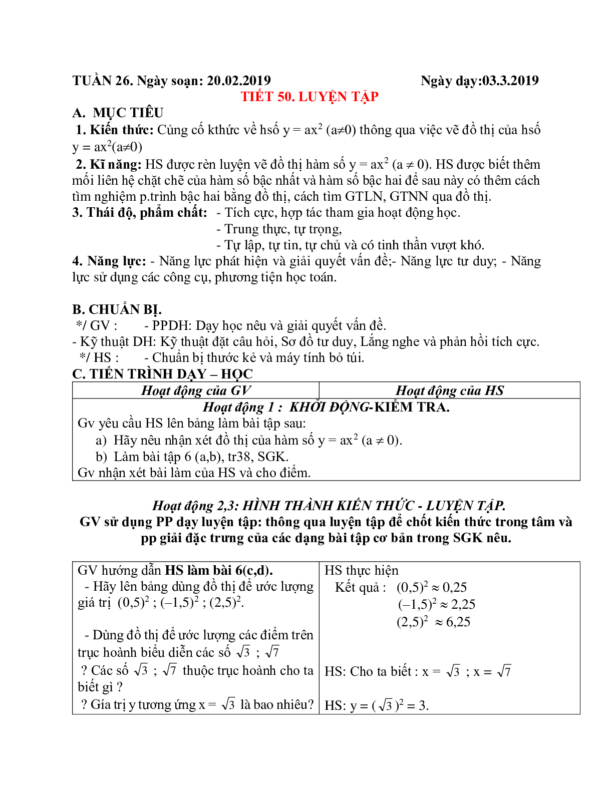 Giáo án Luyện tập Đồ thị hàm số y = ax^2 (2023) mới nhất -Toán 9 (trang 1)
