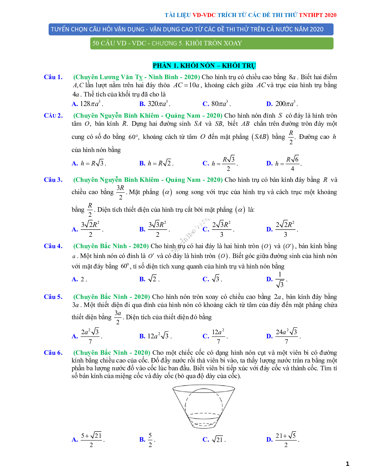50 câu trắc nghiệm Vận dụng-Vận dụng cao về mặt cầu, mặt trụ, mặt nón - có lời giải chi tiết (trang 1)