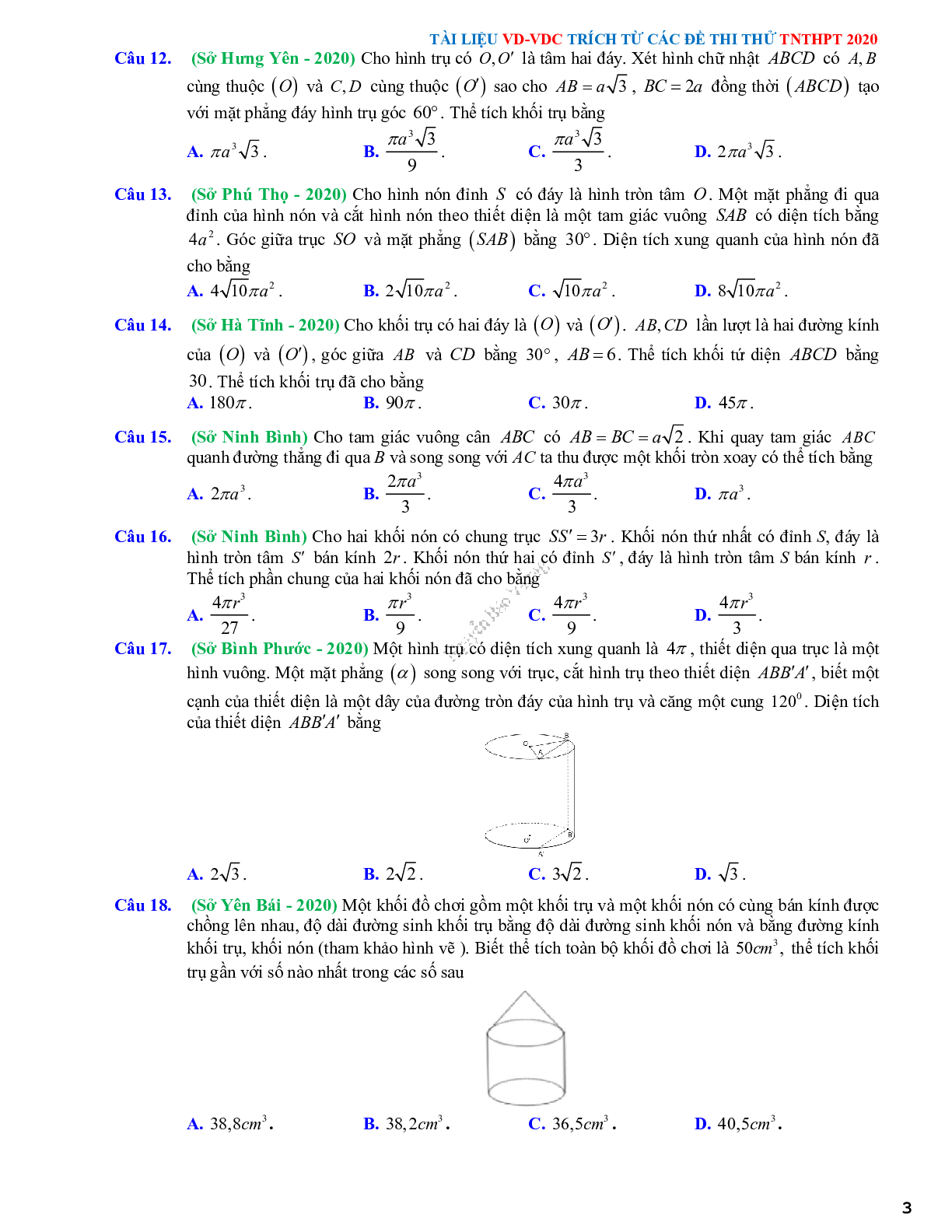 50 câu trắc nghiệm Vận dụng-Vận dụng cao về mặt cầu, mặt trụ, mặt nón - có lời giải chi tiết (trang 3)