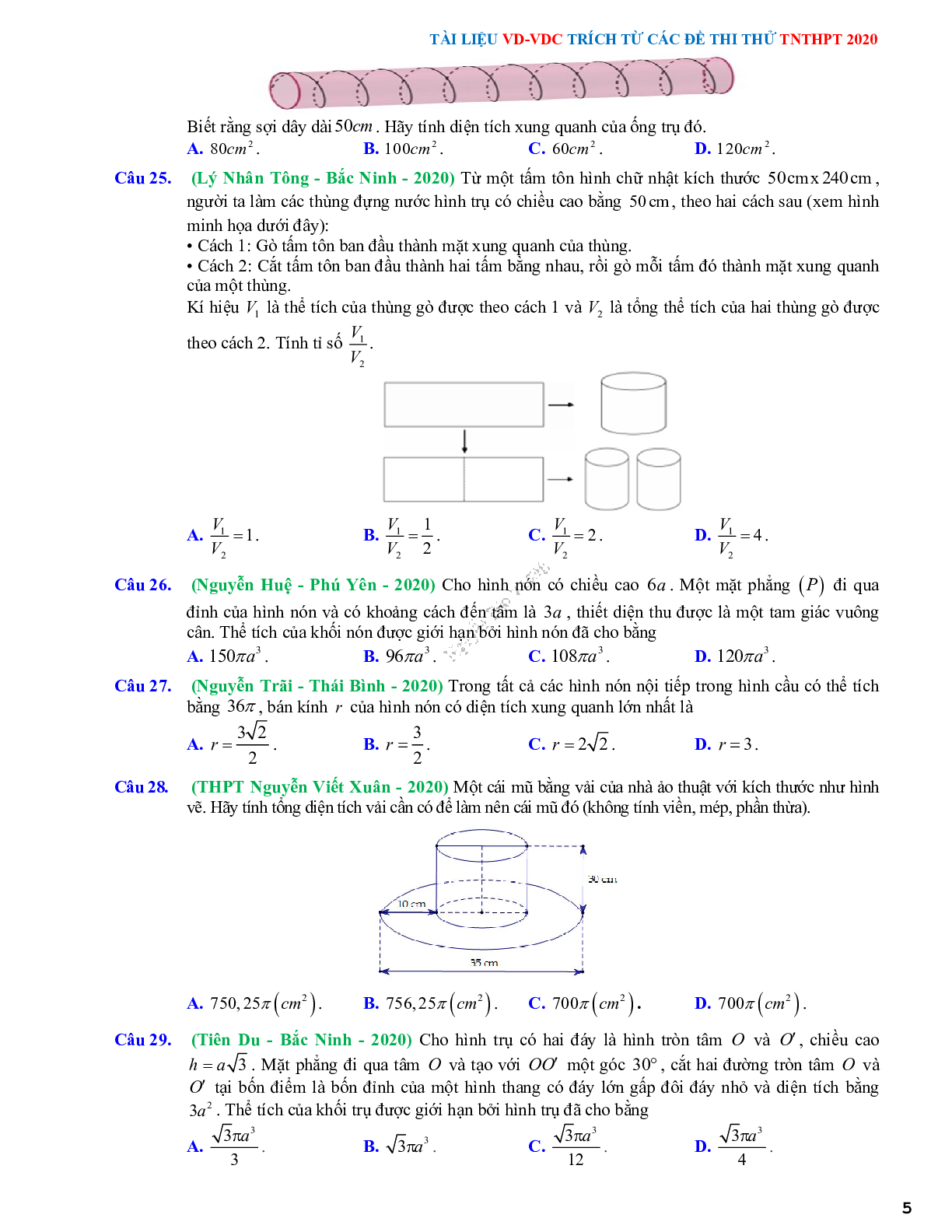 50 câu trắc nghiệm Vận dụng-Vận dụng cao về mặt cầu, mặt trụ, mặt nón - có lời giải chi tiết (trang 5)