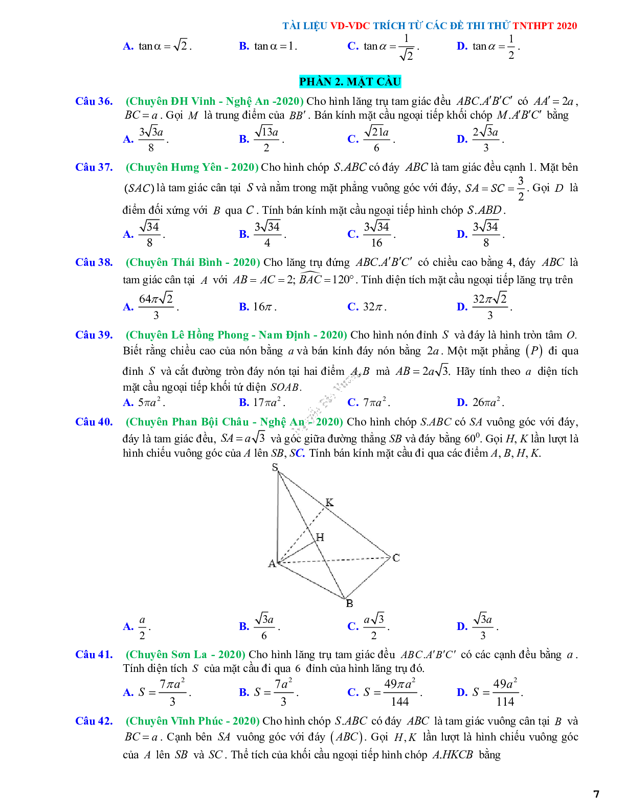 50 câu trắc nghiệm Vận dụng-Vận dụng cao về mặt cầu, mặt trụ, mặt nón - có lời giải chi tiết (trang 7)