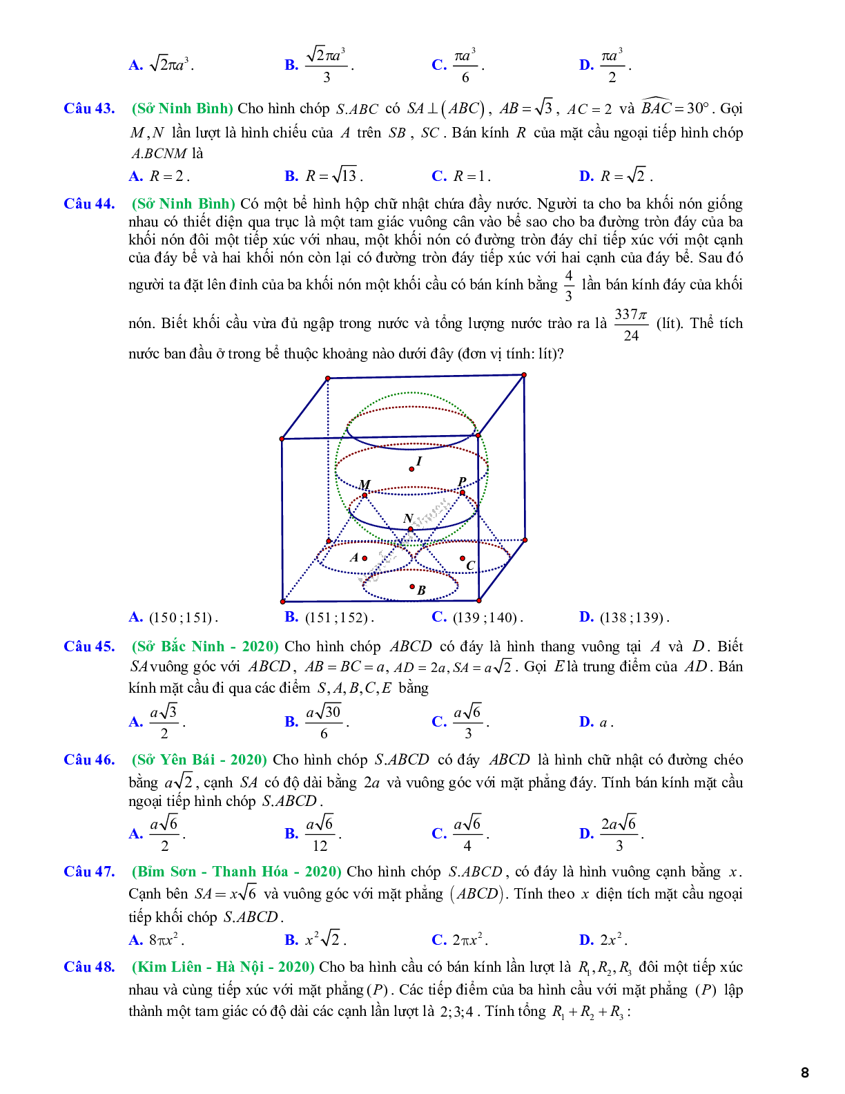 50 câu trắc nghiệm Vận dụng-Vận dụng cao về mặt cầu, mặt trụ, mặt nón - có lời giải chi tiết (trang 8)