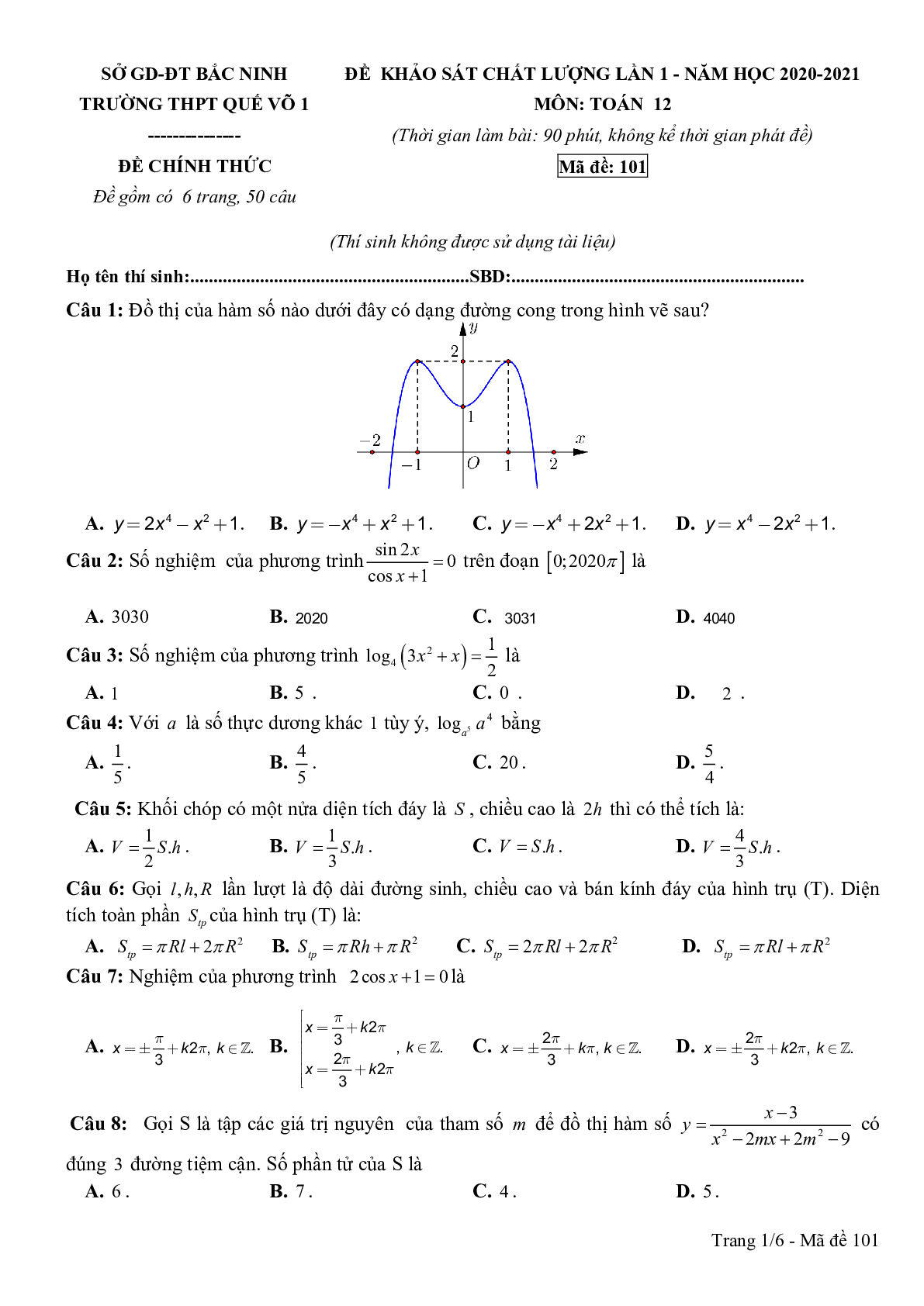 Đề khảo sát chất lượng lần 1 Toán 12 năm 2020 – 2021 trường Quế Võ 1 – Bắc Ninh có đáp án (trang 1)