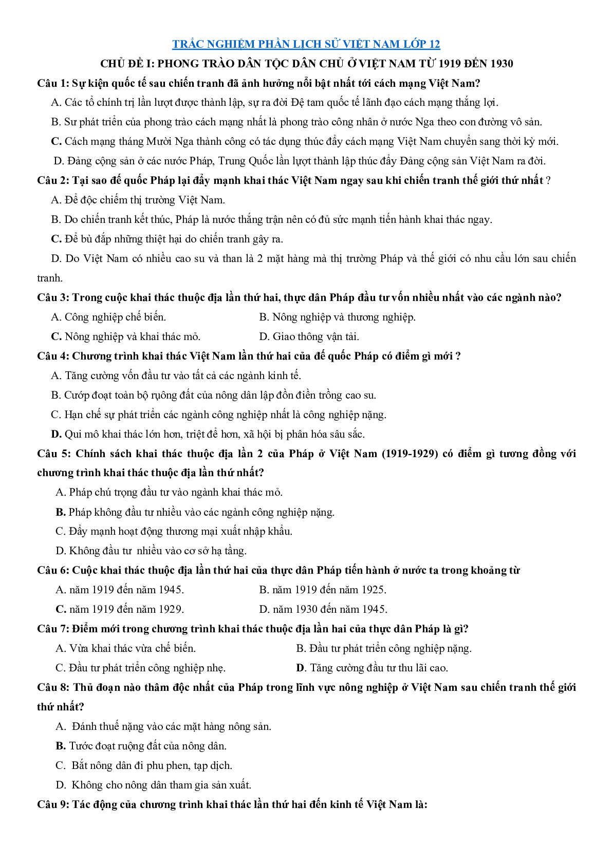 Chuyên đề Trắc nghiệm Lịch Sử Việt Nam lớp 12 cực hay có đáp án (trang 1)