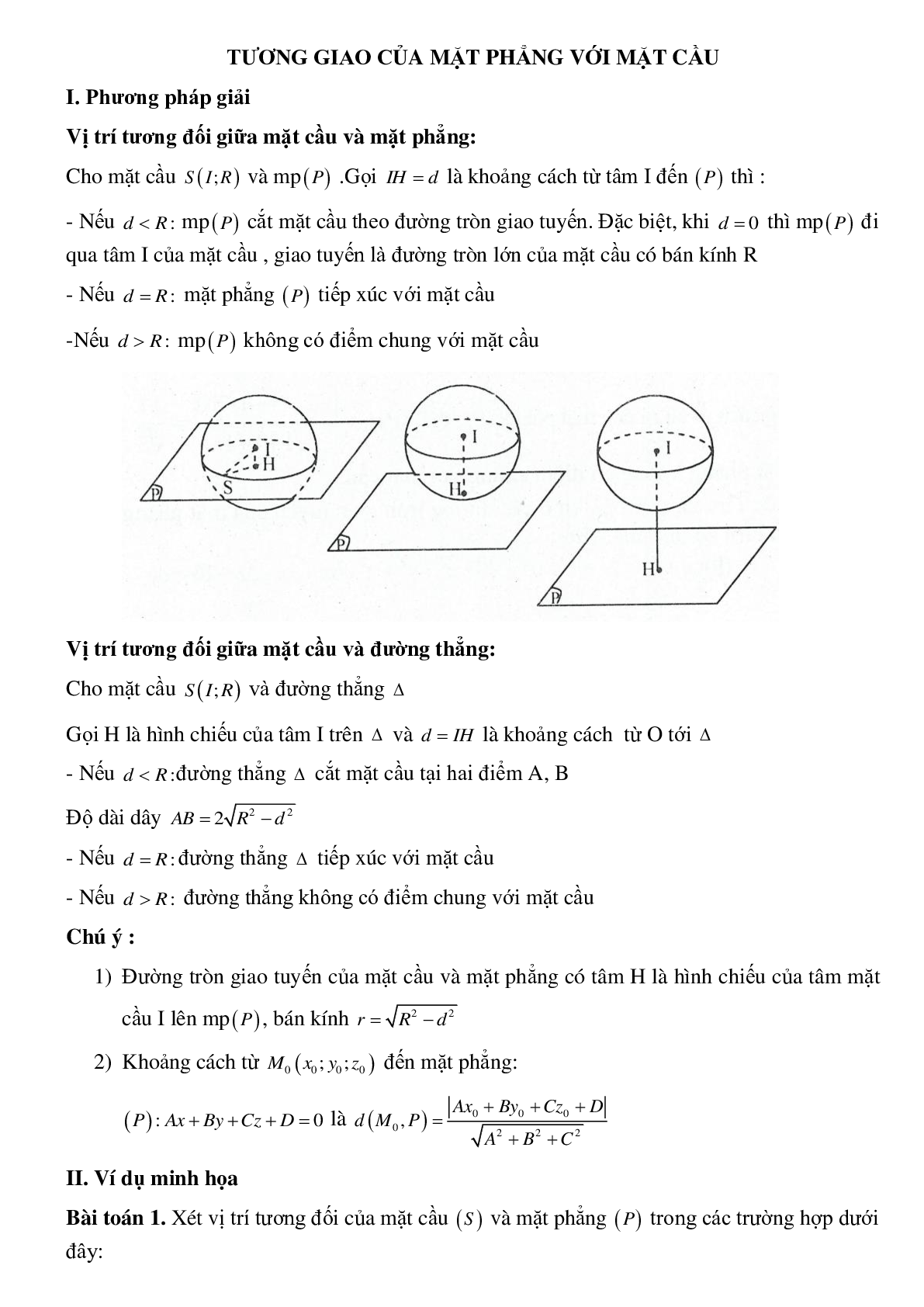 Dạng bài tập Tương giao của mặt phẳng với mặt cầu (trang 1)