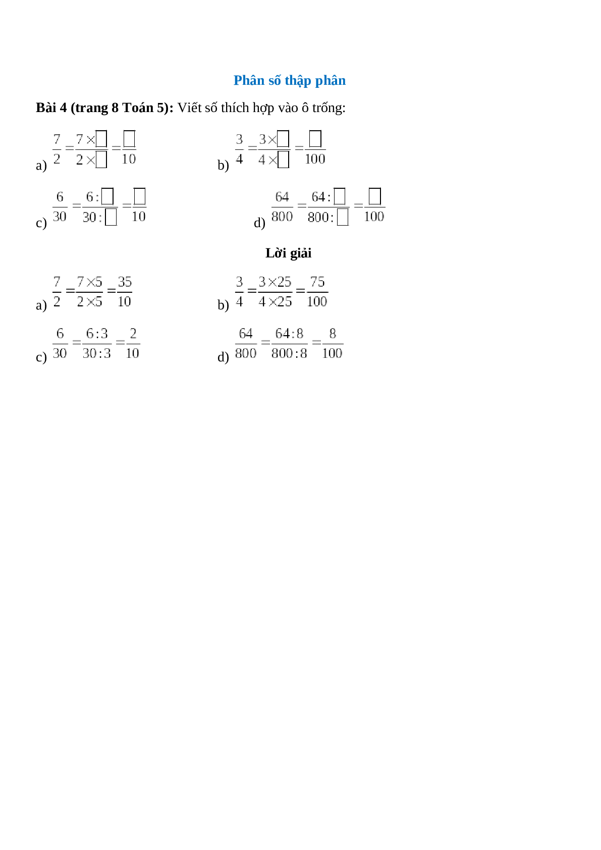 Viết số thích hợp vào ô trống: 1/2 = (7x...)/(2x...) = .../10 (trang 1)